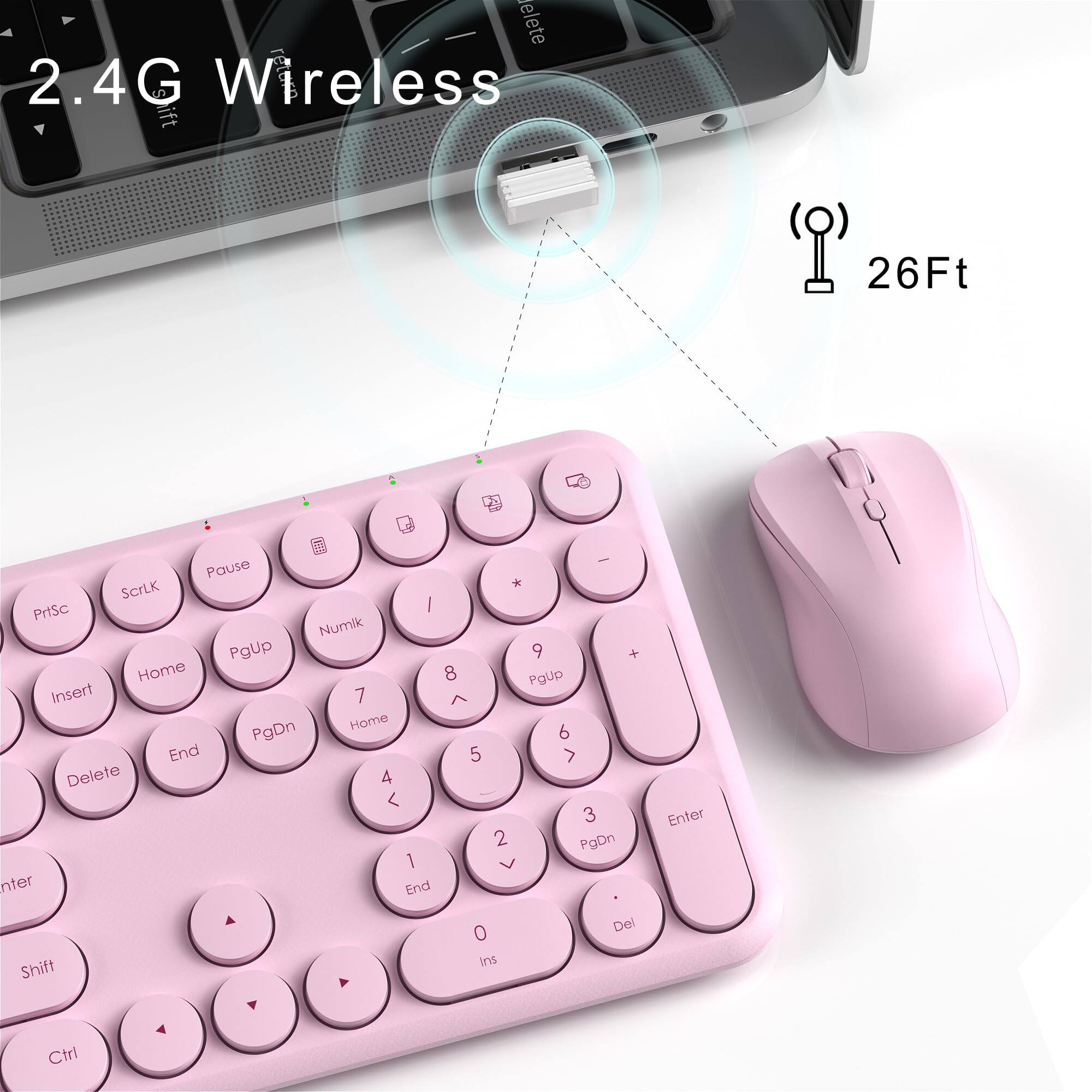 2.4G Wireless  
26Ft  

Pause ScrLk PrtSc NumLk PgUp 9 + Home 8 PgUp Insert 7 A PgDn Home 6 End 5 > Delete 4 < 3 2 PgDn 1 V Enter End 0 Del Ins Shift Enter Ctrl