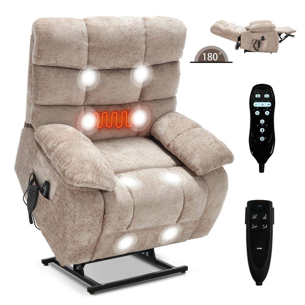 Kadyn - Oversized Dual Motor Power Lift Recliner, 25" Wide Seat, Massage & Heat, 350lb Capacity, Chenille - Beige