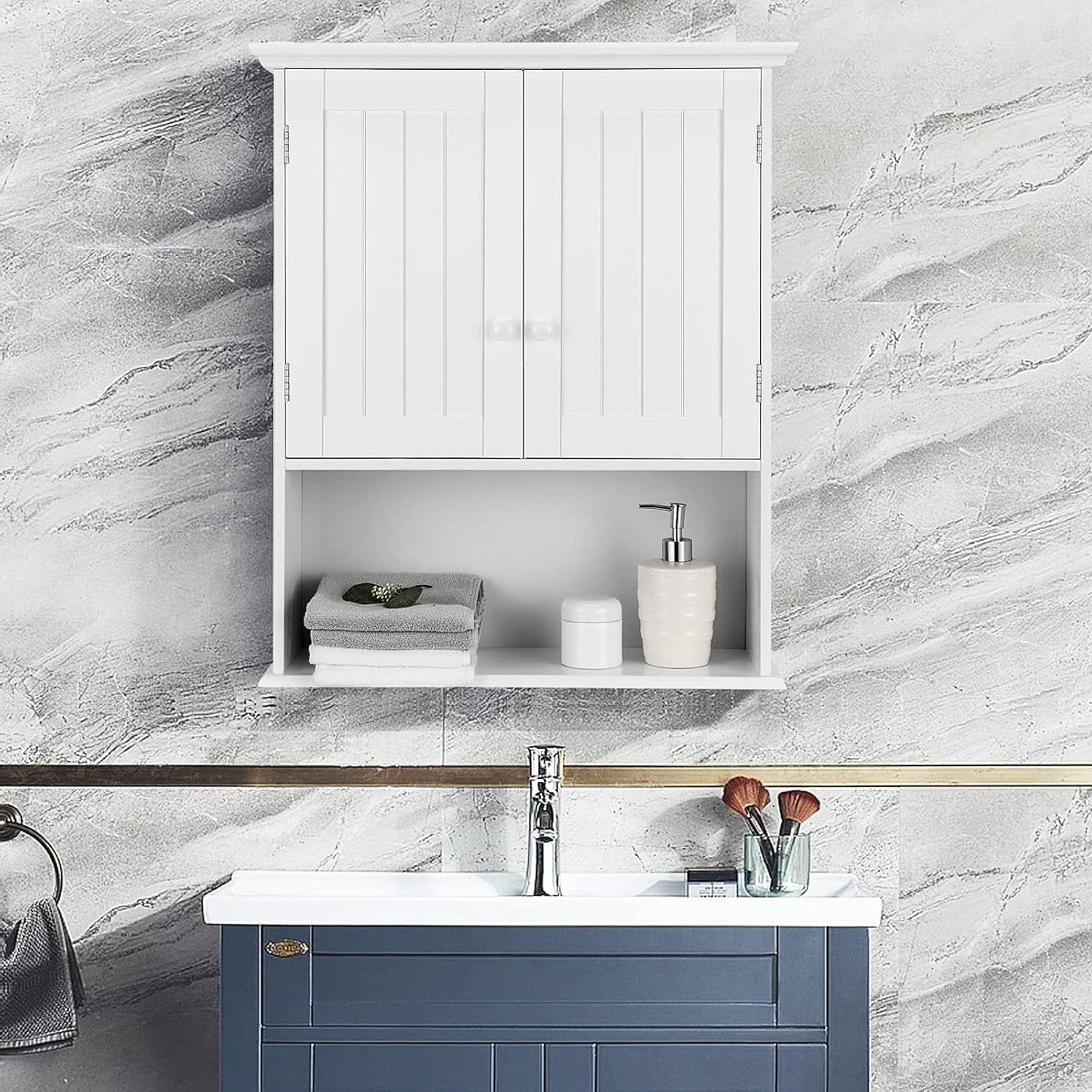 Left. Hivvago - Bathroom Wall Mount Medicine Cabinet with Open Storage Shelf in White - White.