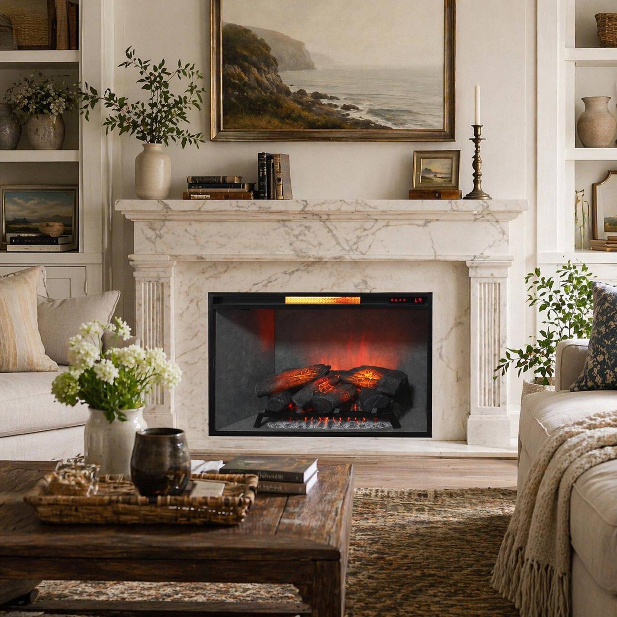 Angle. RYHNUYNE - 33 Inch Infrared Electric Fireplace Insert with Touch Panel & 4-Color Realistic Flame for Living Room - Antique Black.