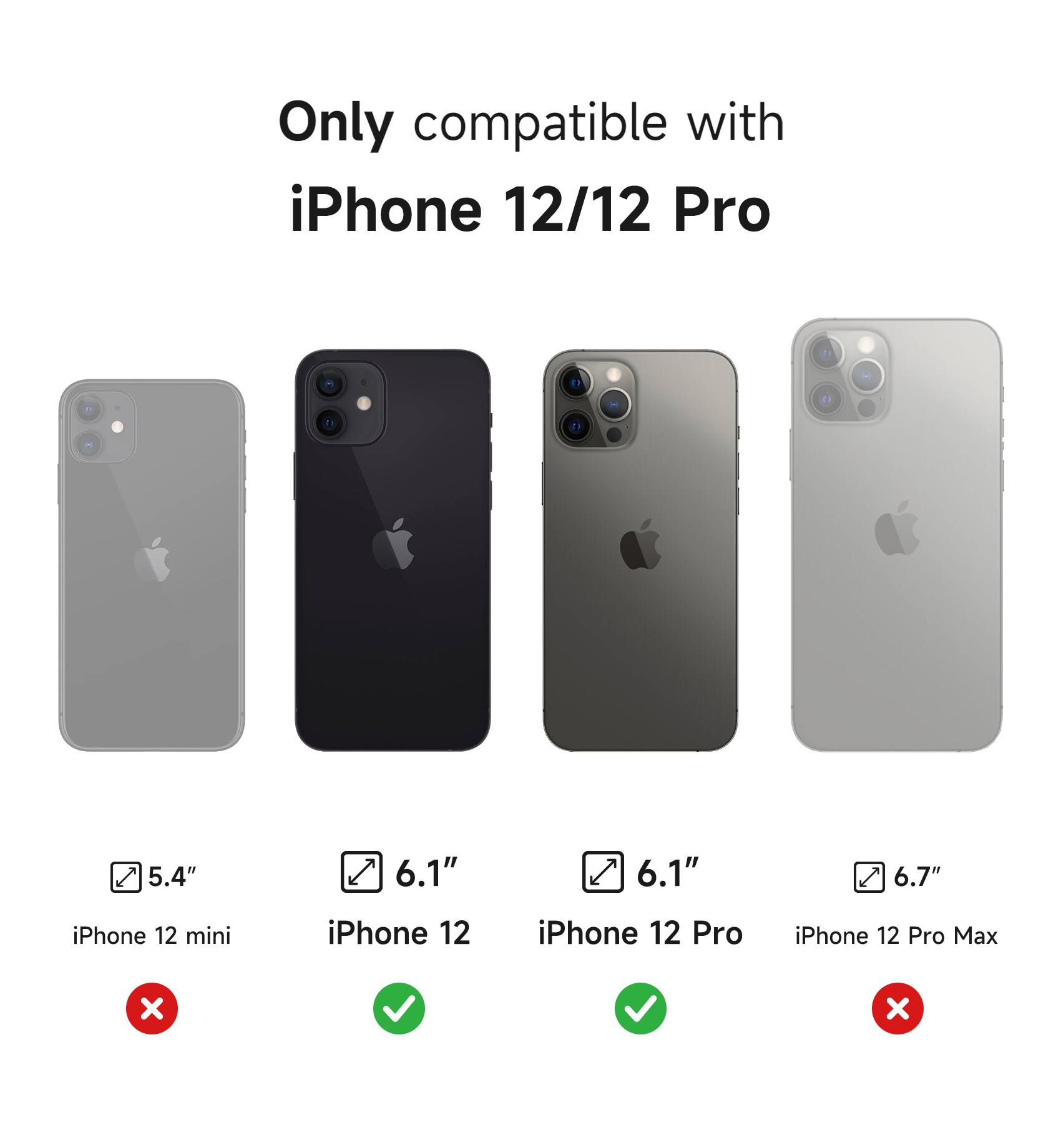 Only compatible with iPhone 12/12 Pro

- 5.4" iPhone 12 mini ❌
- 6.1" iPhone 12 ✅
- 6.1" iPhone 12 Pro ✅
- 6.7" iPhone 12 Pro Max ❌