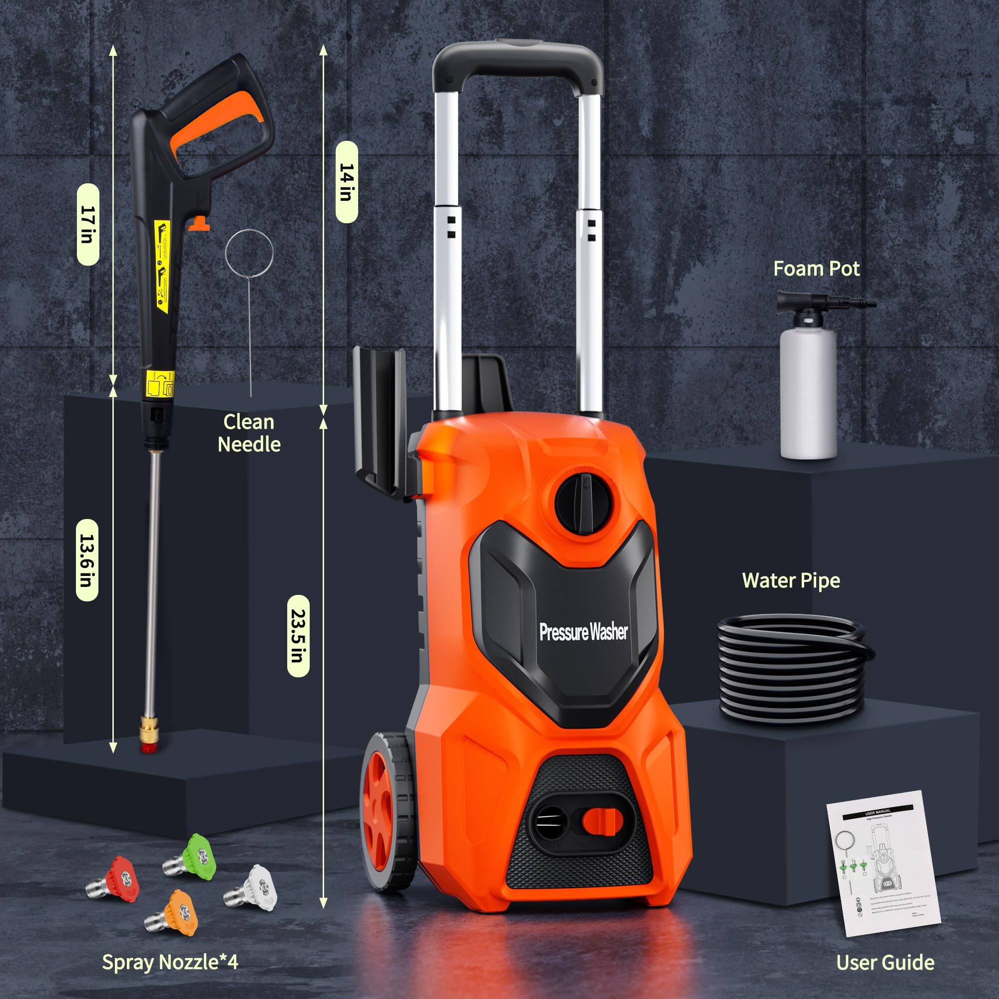 17in Clean Needle, 14in Foam Pot, 13.6in Spray Nozzle*4, 23.5in Pressure Washer, Water Pipe, User Guide