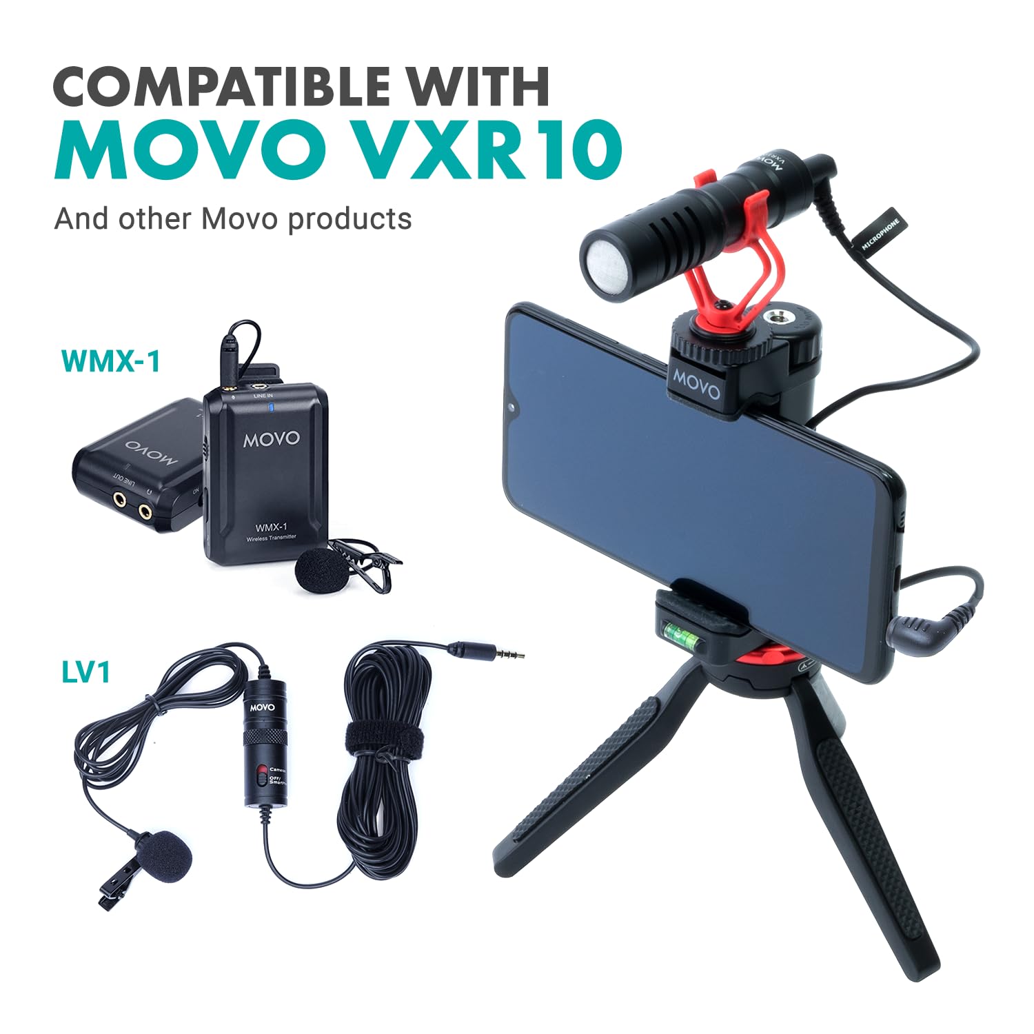 COMPATIBLE WITH MOVO VXR10  
And other Movo products  

WMX-1  
WMX-1 Wireless Microphone  

LV1