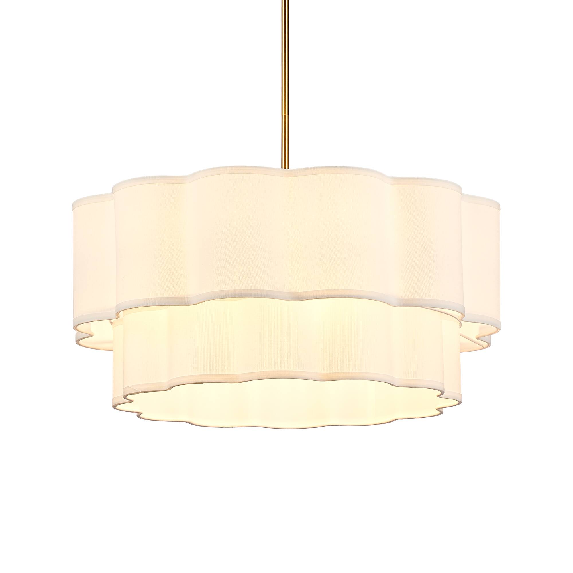 Alt View 6. Parrot Uncle - 26 Inch Modern Linen 6 Light Scalloped Tiered Drum Chandelier with Adjustable Downrods - Brass.