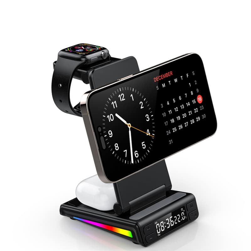 RISOKEYS - 3-in-1 Desktop Wireless Charger - Magnetic Folding Clock Lamp Stand, Compatible with Phone - Only Apple Watch - Black