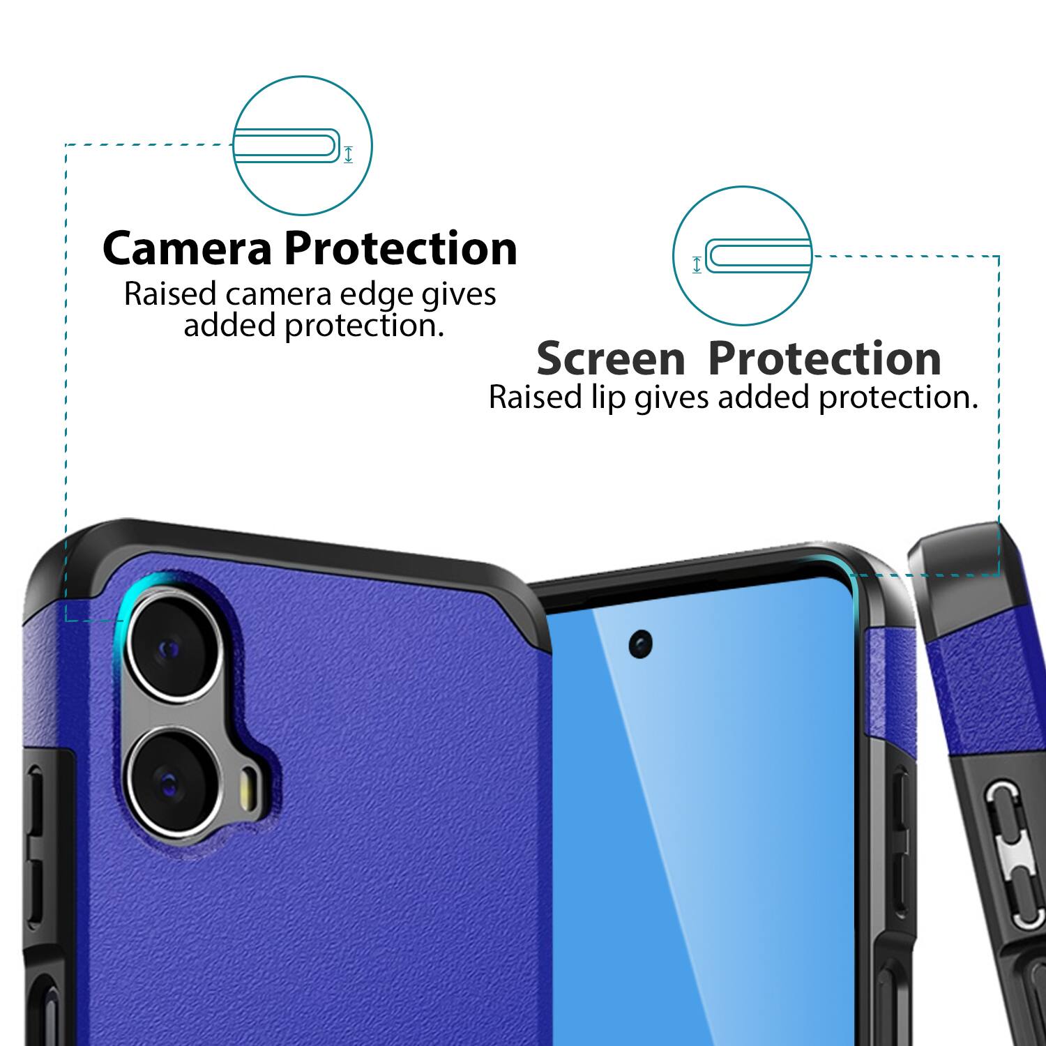 Camera Protection  
Raised camera edge gives added protection.  

Screen Protection  
Raised lip gives added protection.