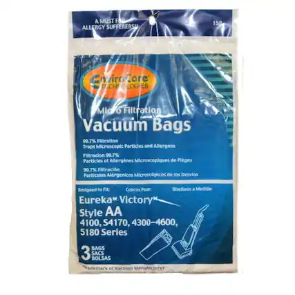 A MUST FOR ALLERGY SUFFERERS!
EnviroCore Technologies Micro Filtration Vacuum Bags
99.7% Filtration Traps Microscopic Particles and Allergens
Filtración 99.7% Partículas y Alergénos Microscópicos de Pleges
99.7% Filtración Partículas Alérgenicos Microscópicos de los Desvios
Designed to Fit: Eureka* Victory* Style AA 4100, S4170, 4300-4600, 5180 Series
BAGS 3 SACS BOLSAS
*Trademark of Vacuum Manufacturer