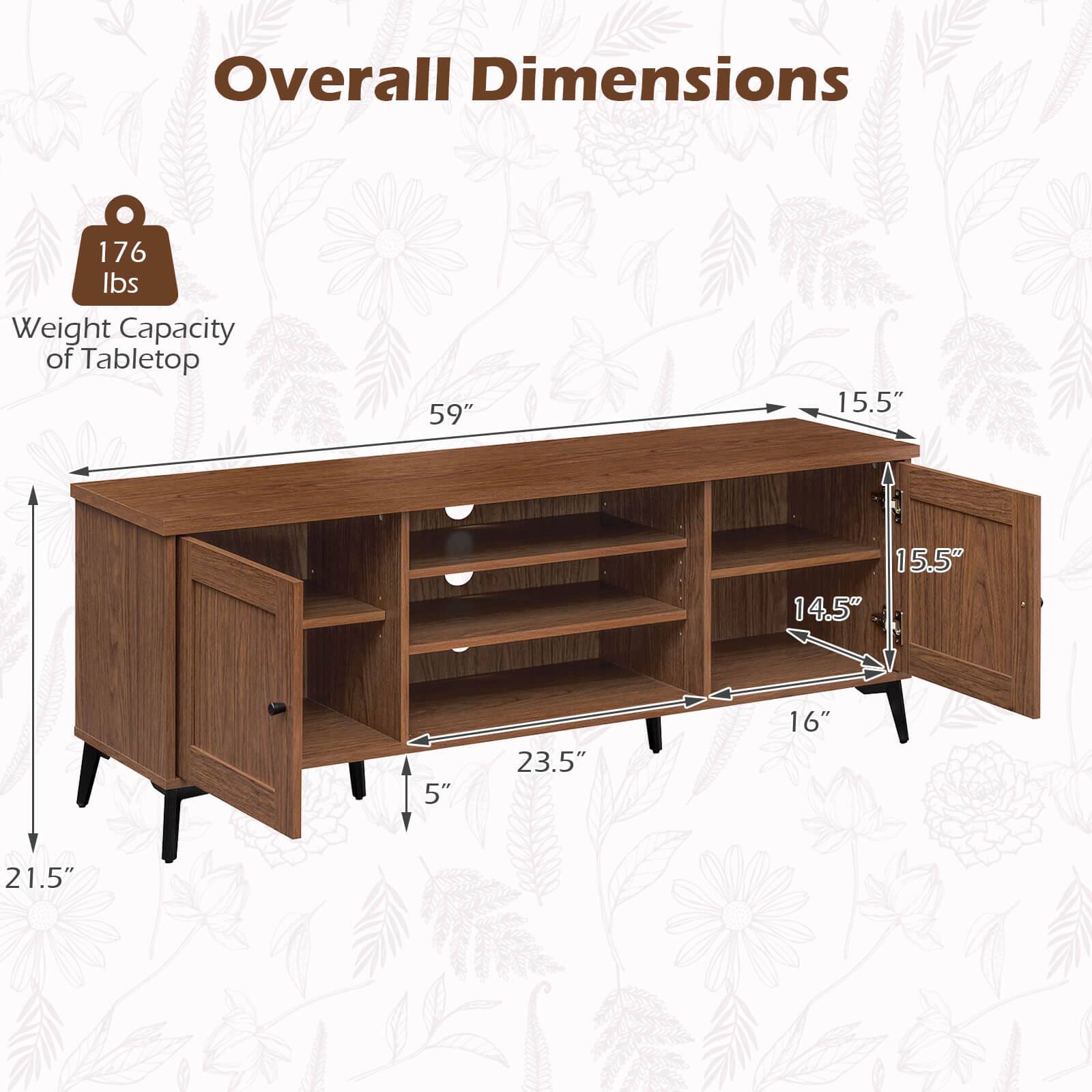 Overall Dimensions: 59" x 15.5" x 21.5"  
Weight Capacity of Tabletop: 176 lbs