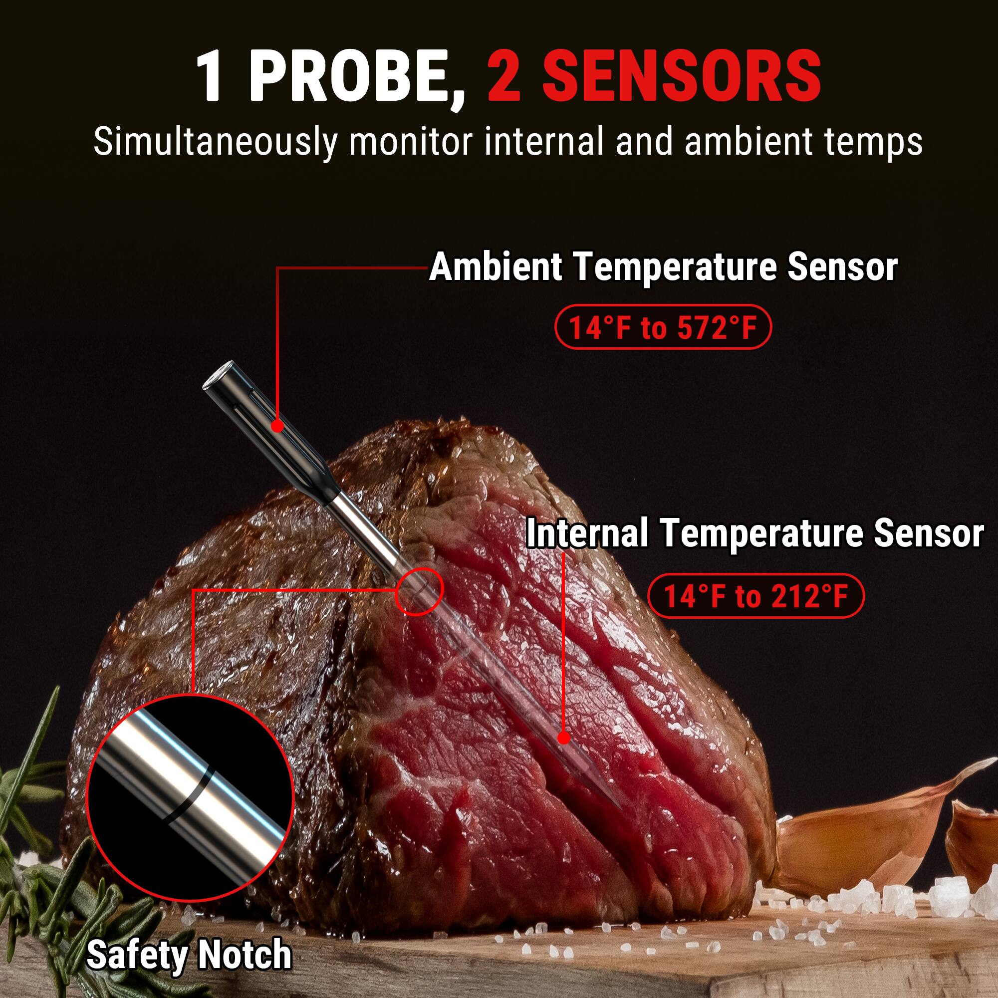 1 PROBE, 2 SENSORS  
Simultaneously monitor internal and ambient temps  

Ambient Temperature Sensor  
14°F to 572°F  

Internal Temperature Sensor  
14°F to 212°F  

Safety Notch