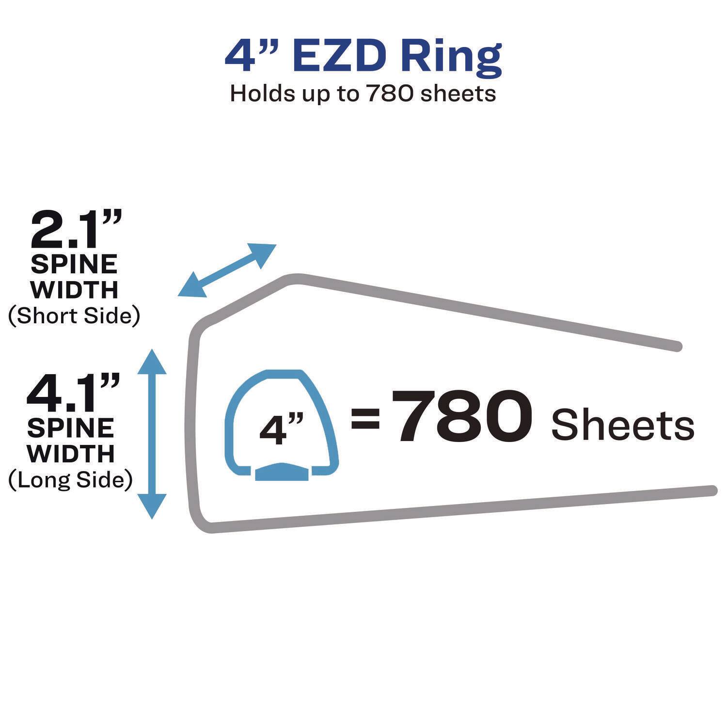 4" EZD Ring  
Holds up to 780 sheets  

2.1" SPINE WIDTH (Short Side)  
4.1" SPINE WIDTH (Long Side)  

4" = 780 Sheets