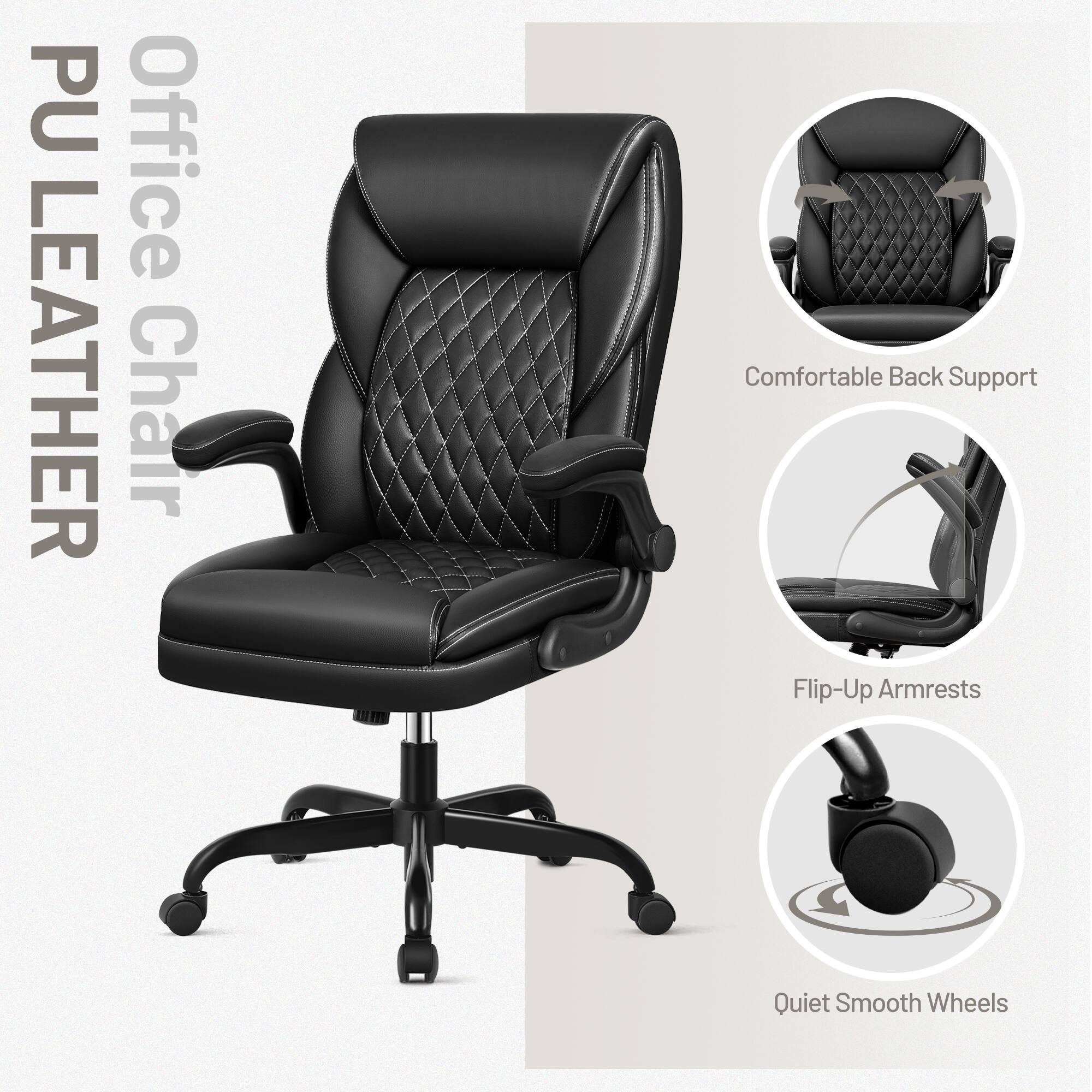 PU Office Leather Chair  
Comfortable Back Support  
Flip-Up Armrests  
Quiet Smooth Wheels