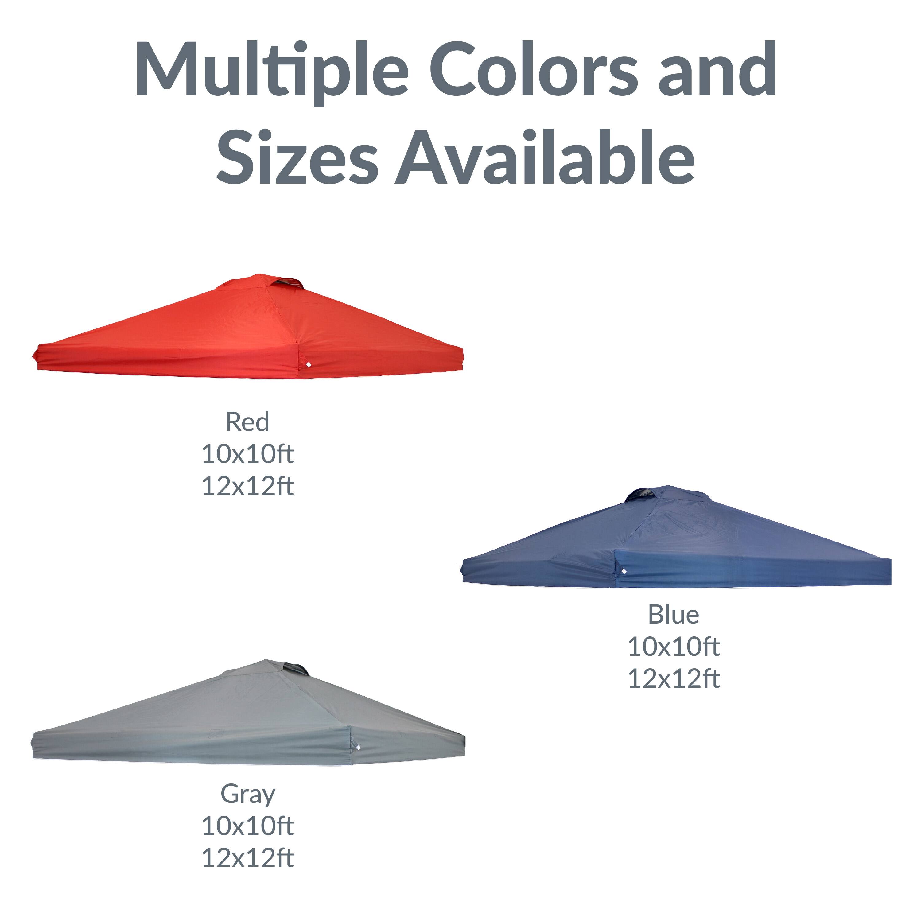 Multiple Colors and Sizes Available

Red  
10x10ft  
12x12ft  

Blue  
10x10ft  
12x12ft  

Gray  
10x10ft  
12x12ft