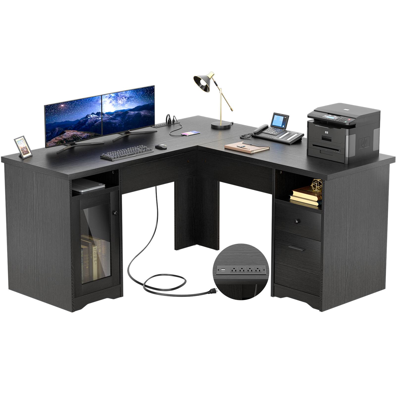 Aheaplus - 60"L-Shaped Corner Desk - Sturdy 2-Person Executive Desk with Storage/File Cabinets & Power/USB Ports - Black