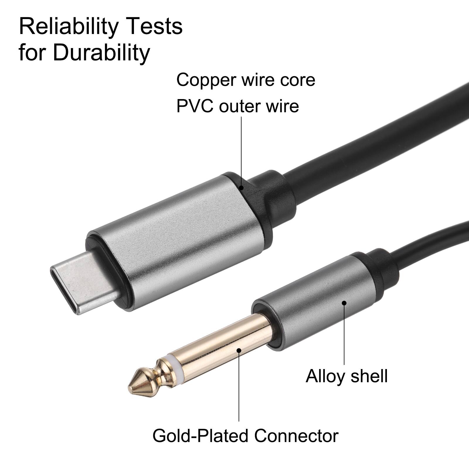 Reliability Tests for Durability

- Copper wire core
- PVC outer wire
- Alloy shell
- Gold-Plated Connector
