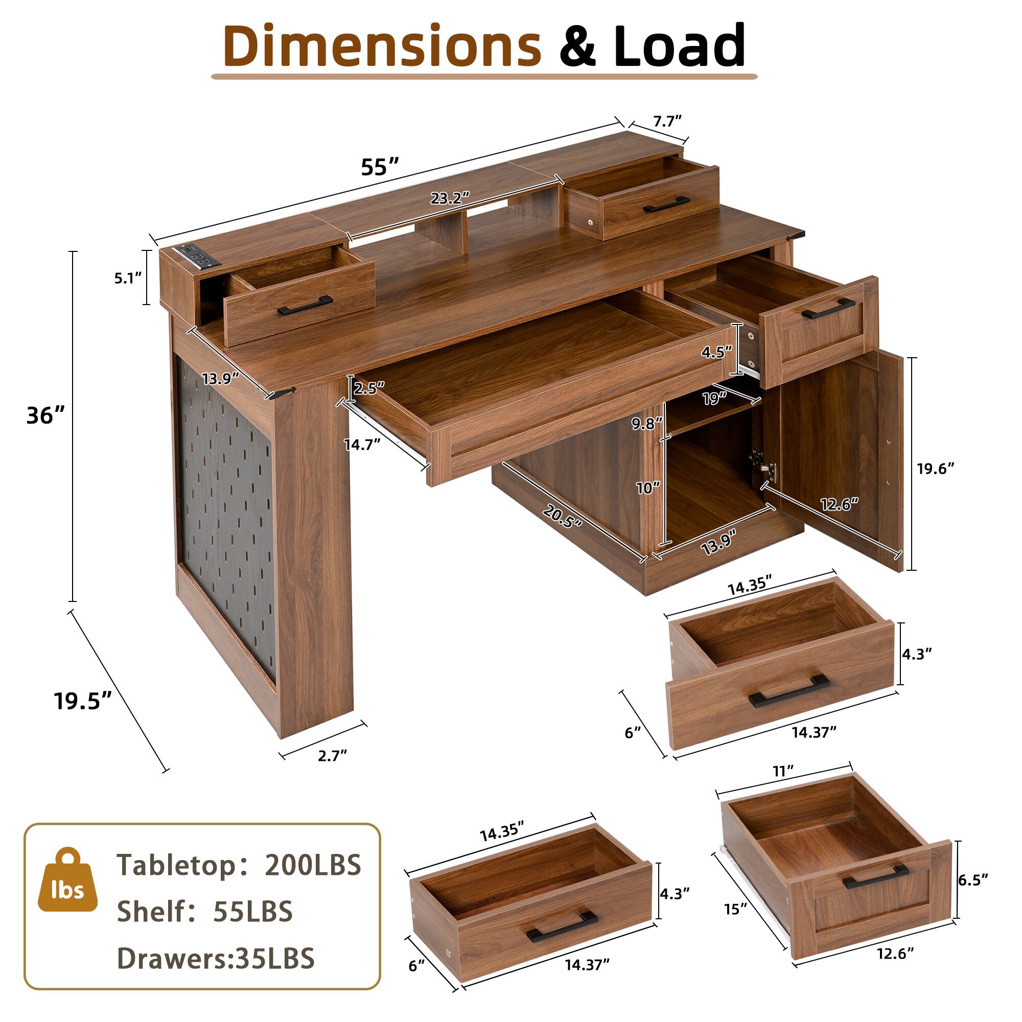 Dimensions & Load

- 7.7"
- 55"
- 23.2"
- 5.1"
- 36"
- 13.9"
- 2.5"
- 14.7"
- 20.5"
- 9.8"
- 10m
- 4.5"
- 19"
- 13.9"
- 14.35"
- 12.6"
- 19.6"
- 4.3"
- 19.5"
- 2.7"
- 6"
- 14.37"
- 11"

Tabletop: 200LBS  
Shelf: 55LBS  
Drawers: 35LBS