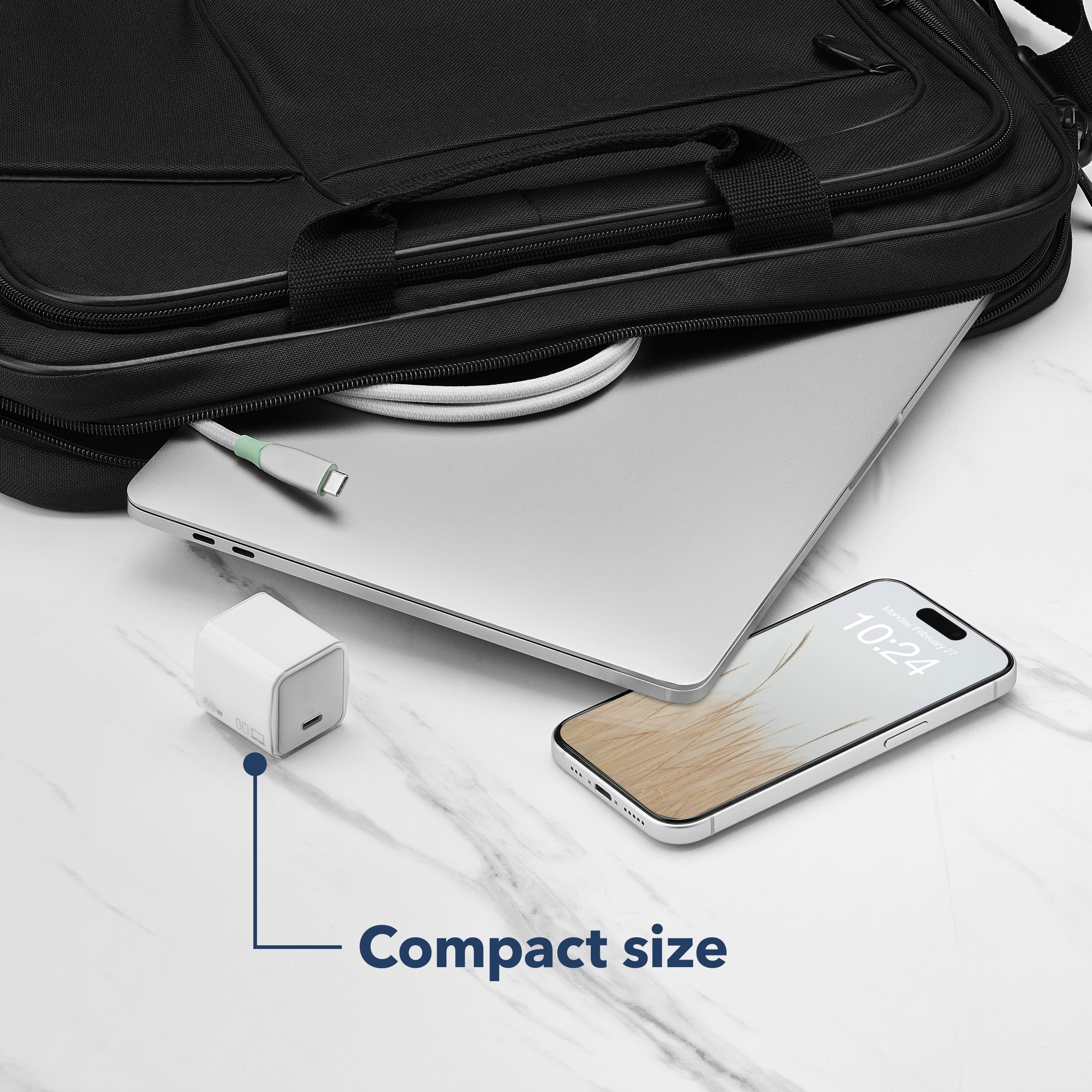 The text on the image reads "Compact size."