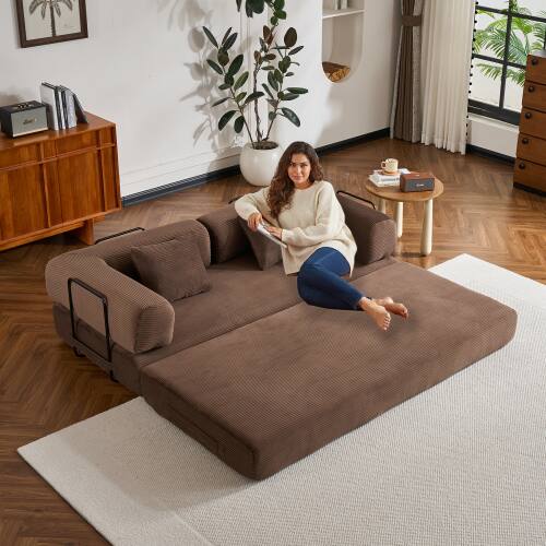 Back. Anysun - Corduroy Convertible Sleeper Sofa Bed with Cylindrical Pillow - Folding Mattress Couch for Living Room & Bedroom - Brown.
