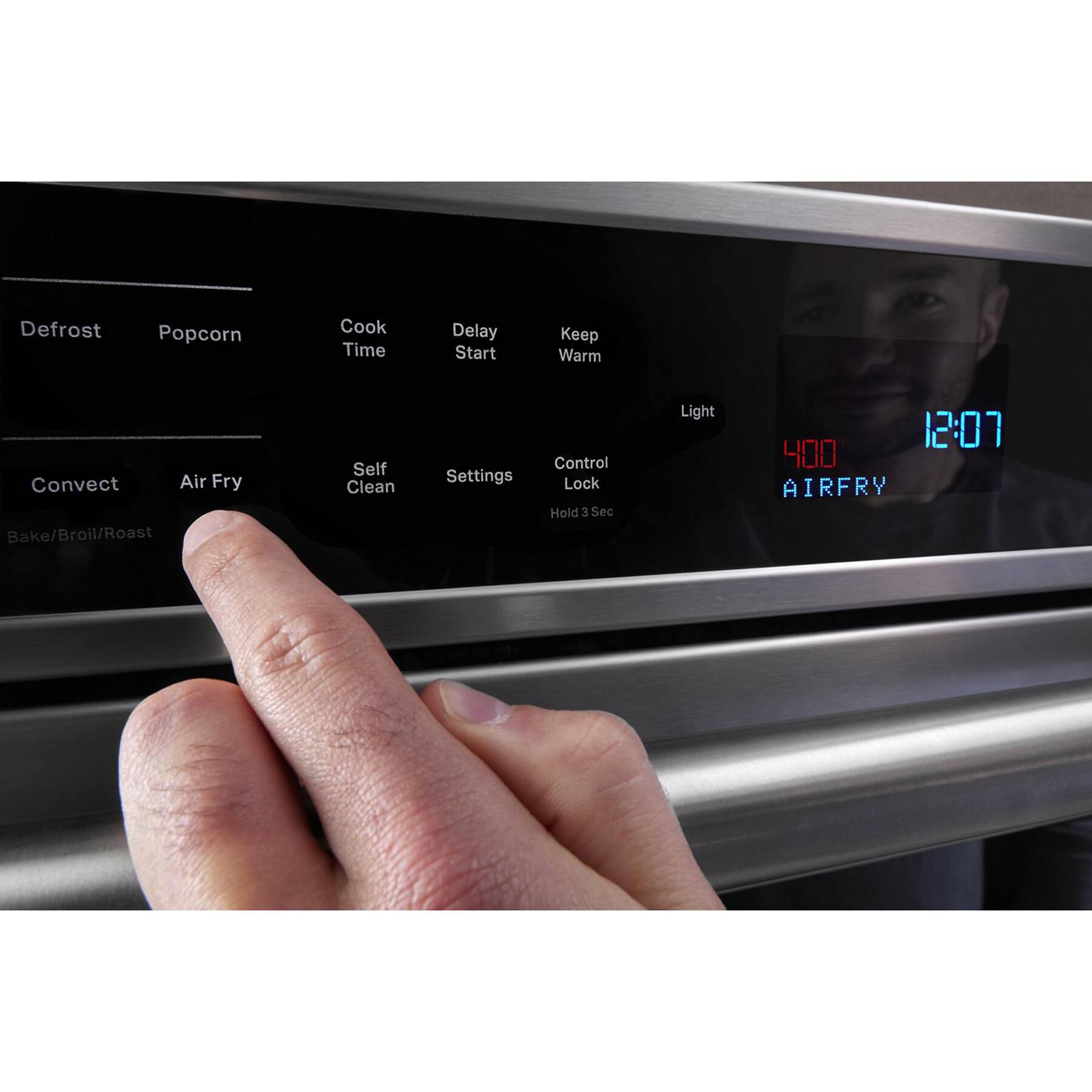 The text on the image is grouped and corrected as follows:

1. Defrost: Defrost
2. Popcorn: Popcorn
3. Cook Time: Cook Time
4. Delay Start: Delay Start
5. Keep Warm: Keep Warm
6. Convect Air Fry: Air Fry
7. Bake/Broil/Roast: Bake/Broil/Roast
8. Self Clean Settings: Self Clean Settings
9. Control Lock: Lock
10. Hold 3 Sec: Hold 3 Sec
11. Light: Light
12. 12:07: 12:07
13. 400: 400