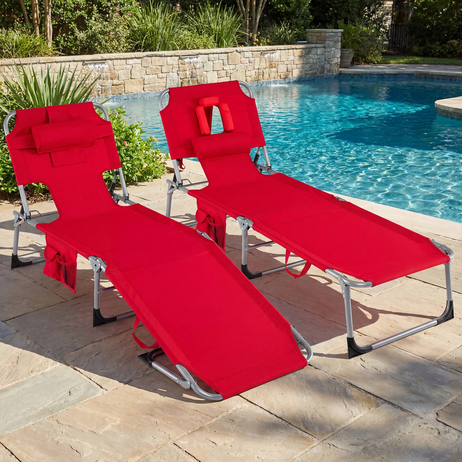 Alt View 3. Costway - Costway Tanning Chair with 4-Position Adjustable Backrest, Face Arm Holes & Storage Pocket - Red.
