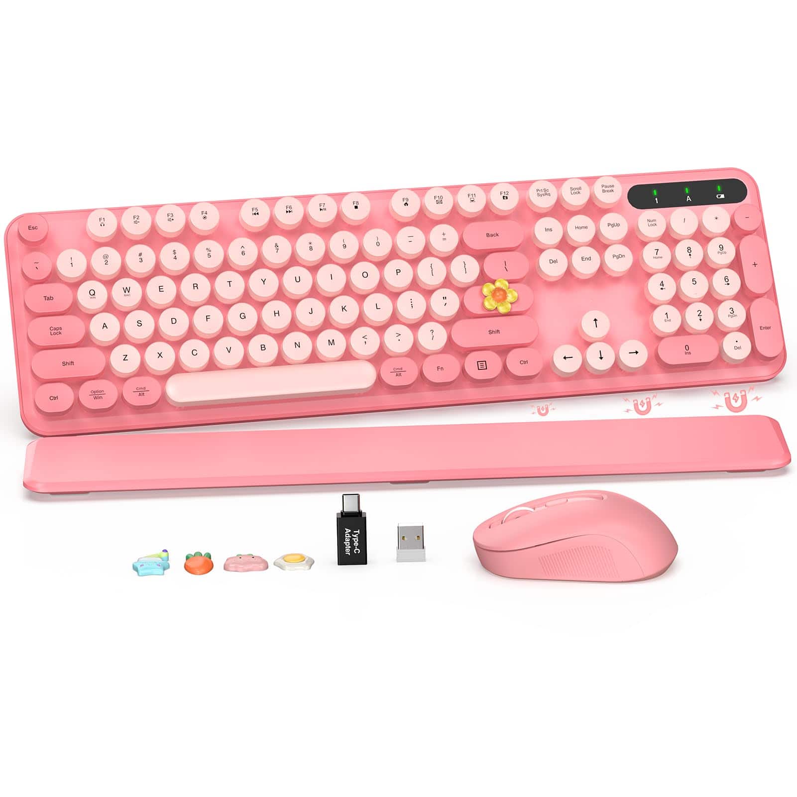 PARKER SLATER - Wireless And Mouse Combo Cute Round Keycaps Full-size Retro Typewriter With Detachable Wrist Rest 2.4ghz Cordless - Baby Pink