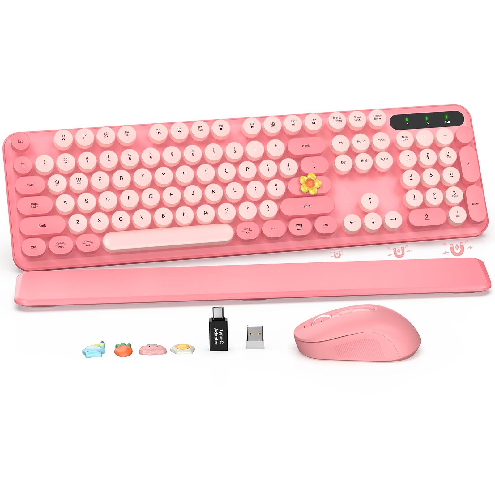 Pacoar Cade - Wireless And Mouse Combo Retro Round Keycap Typewriter With Phone/tablet Holder Cute Colorful For - Baby Pink