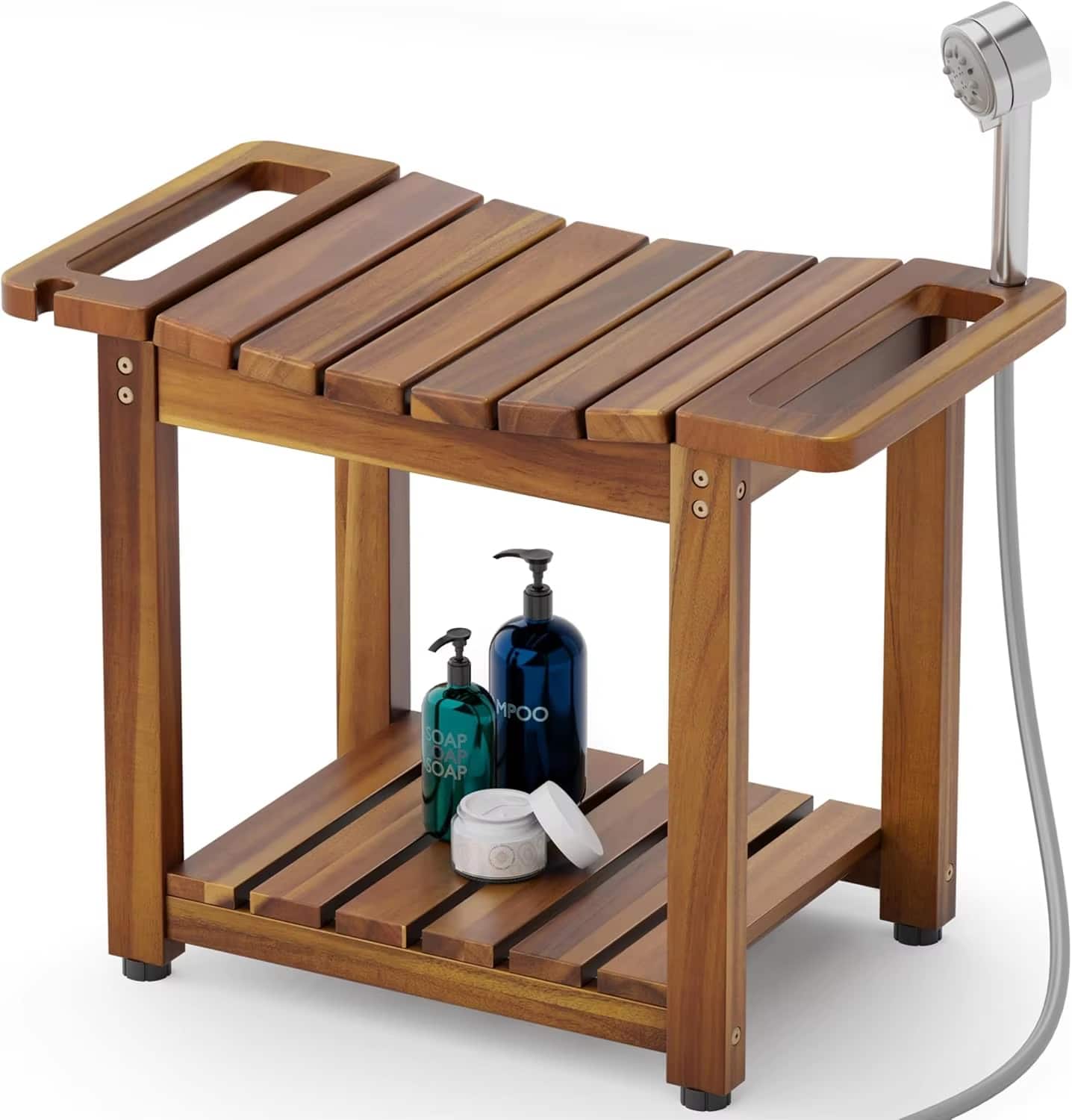 Luckbyte - Natural Wood Shower Bench with Storage Shelf, Waterproof Seat with Handle & Head Holder for Shaving - Natural Walnut