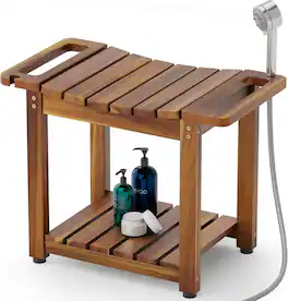 Luckbyte - Natural Wood Shower Bench with Storage Shelf, Waterproof Seat with Handle & Head Holder for Shaving - Natural Walnut