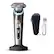 The image features a Philips Norelco 900 Prestige PM9000 electric shaver. The shaver is silver and black in color, and it is accompanied by a black pouch and a charging cord. The shaver is designed to provide a comfortable and efficient shaving experience, with a 100% waterproof feature for added convenience.