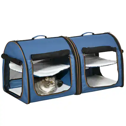 Front. APRILSOUL - 39in Portable Soft-Sided Pet Cat Carrier with Divider Two Compartments Soft Cushions and Storage Bag Blue.