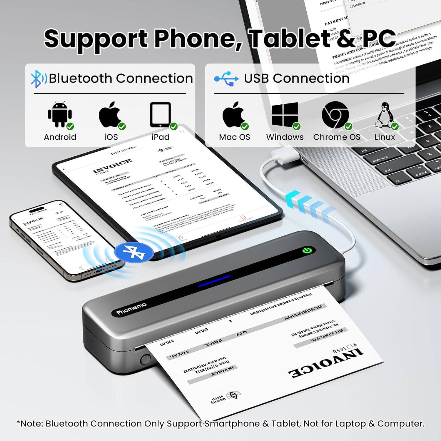 Support Phone, Tablet & PC

Bluetooth Connection
- Android
- iOS
- iPad

USB Connection
- Mac OS
- Windows
- Chrome OS
- Linux

*Note: Bluetooth Connection Only Support Smartphone & Tablet, Not for Laptop & Computer.