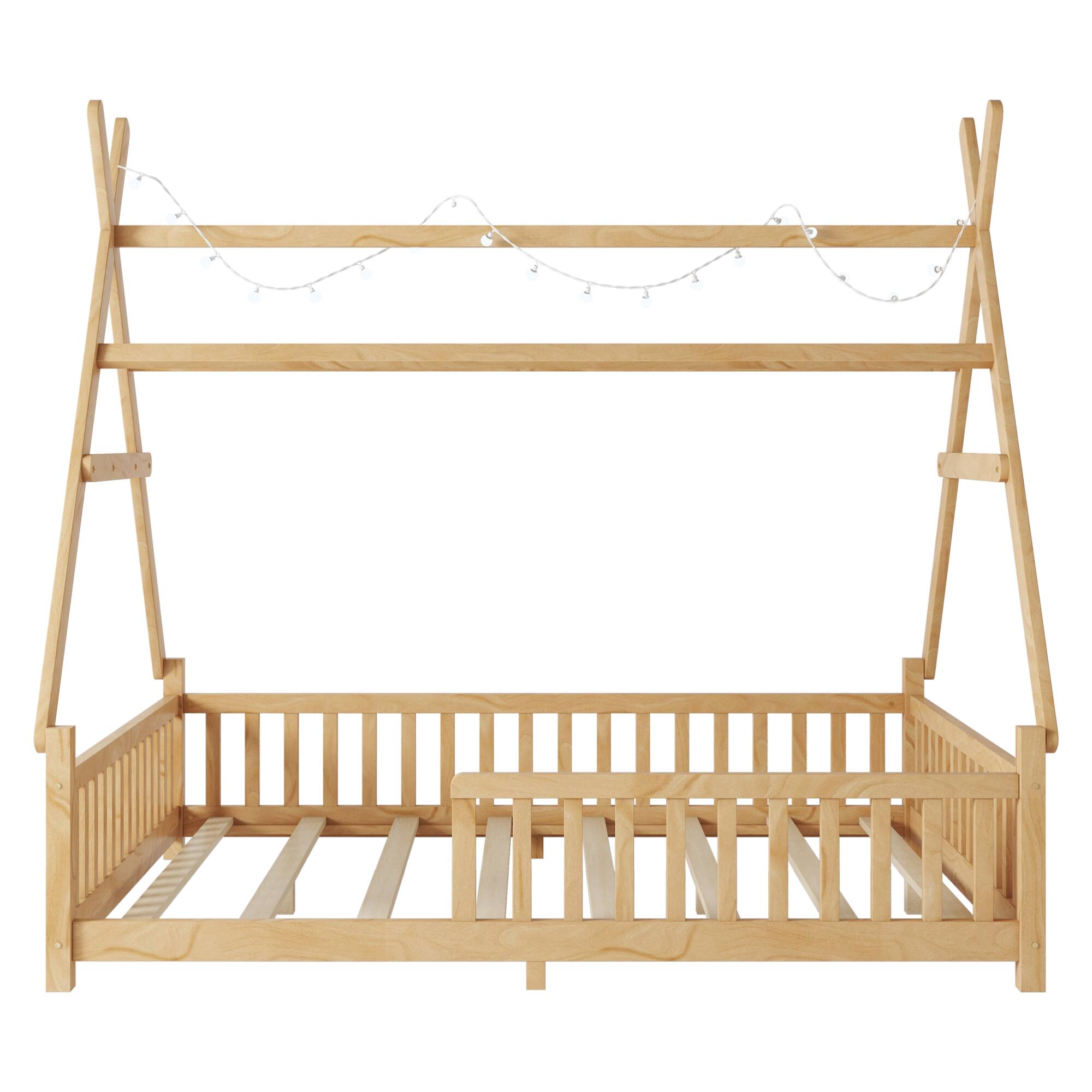 Alt View 6. GOODSILO - Full Size Low Profile House Frame Bed with Detachable Roof and LED Light Kit for Children's Bedroom - Natural.