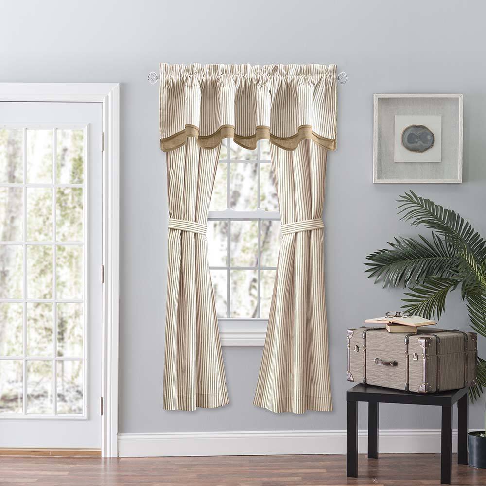Left. Ellis Curtain - Ellis Curtain Plaza Classic Ticking Stripe Printed on Natural Ground Double Layer Bradford Valance 58" x 15" Tan - Tan.
