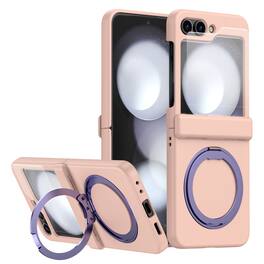 Dteck - Magnetic Case for Samsung Galaxy Z Flip 6 with Screen Protector , 360° Rotating Kickstand Shockproof Hinge Cover - Pink