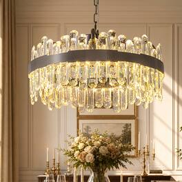 Siljoy - 24-inch Modern Round Clear Crystal Chandelier Dimmable Color Changing Pendant for Kitchen Island - Polished Nickel