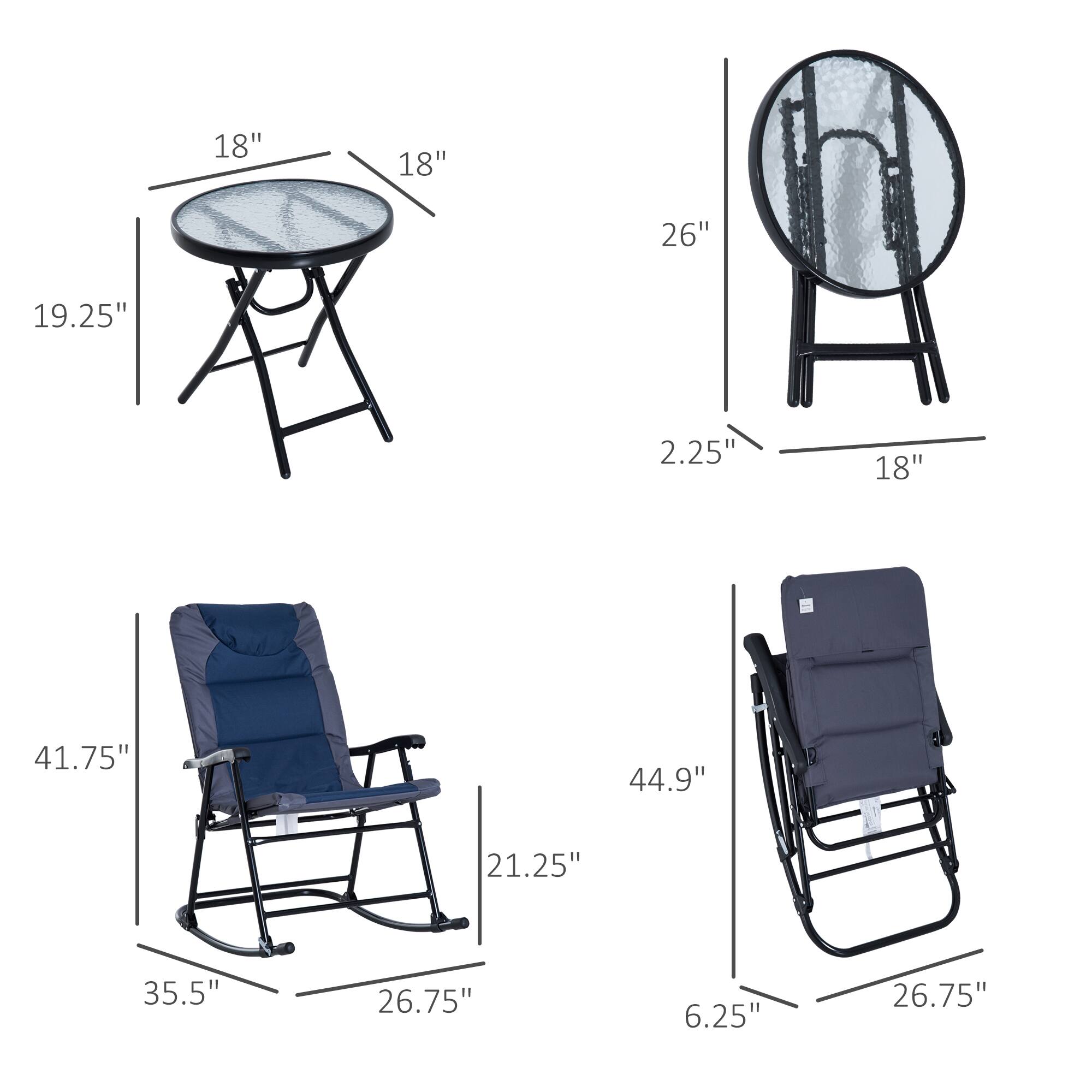 The text can be grouped as follows:

- Table: 18", 18", 19.25"
- Chair: 26", 2.25", 18"
- Folding Chair 1: 41.75", 21.25", 35.5"
- Folding Chair 2: 44.9", 26.75", 6.25"