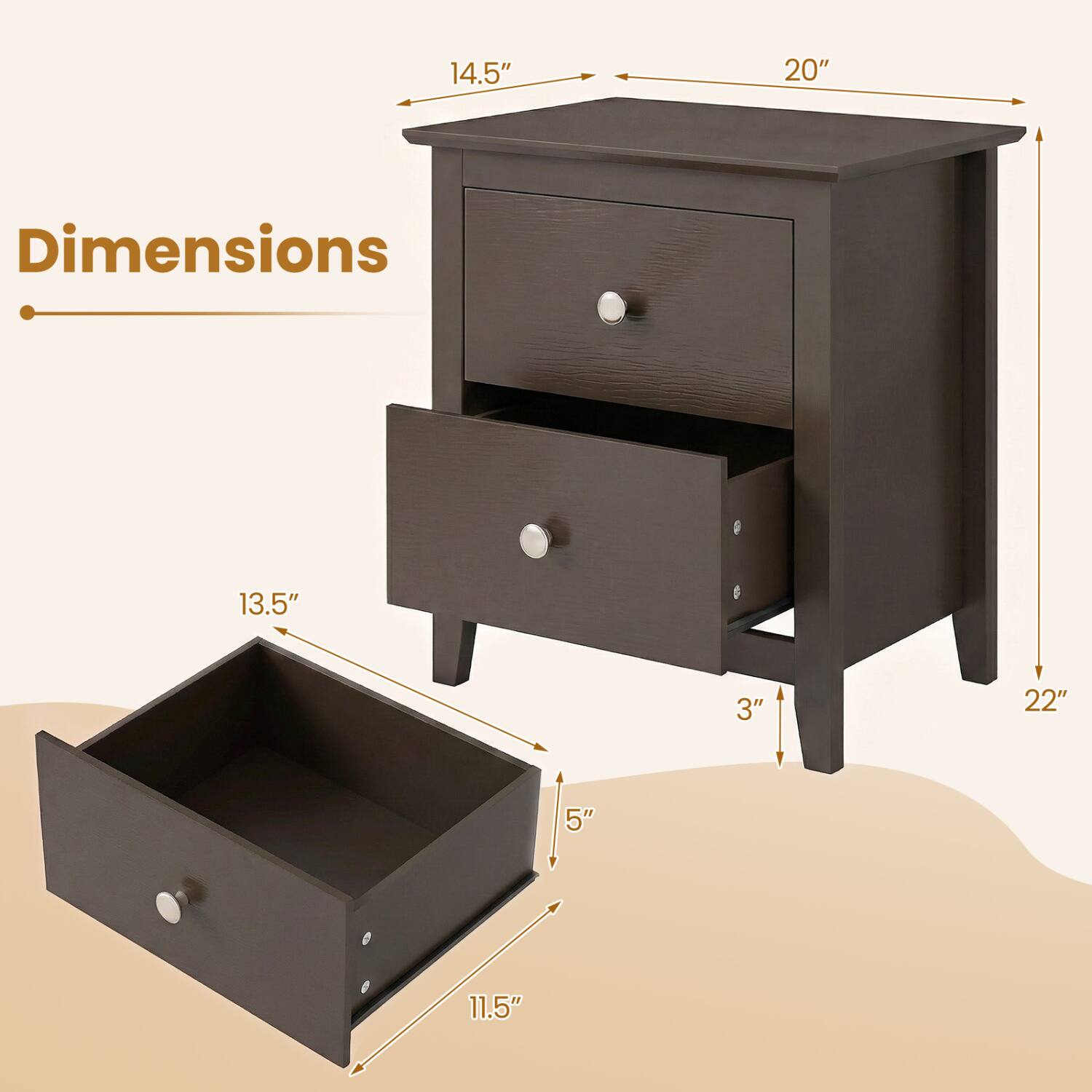 Dimensions
14.5"
20"
13.5"
3"
22"
5"
11.5"