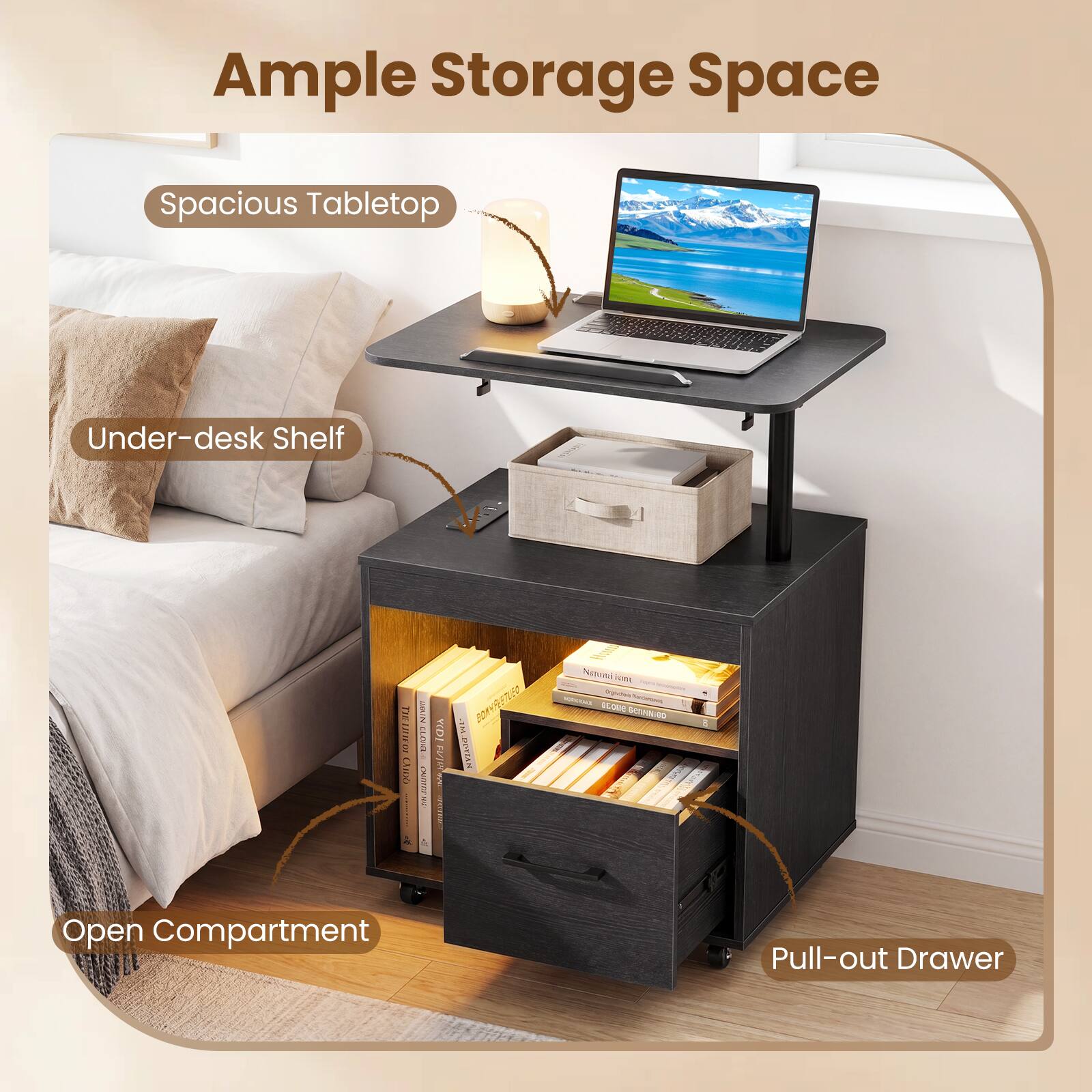 Ample Storage Space  
Spacious Tabletop  
Under-desk Shelf  
Open Compartment  
Pull-out Drawer