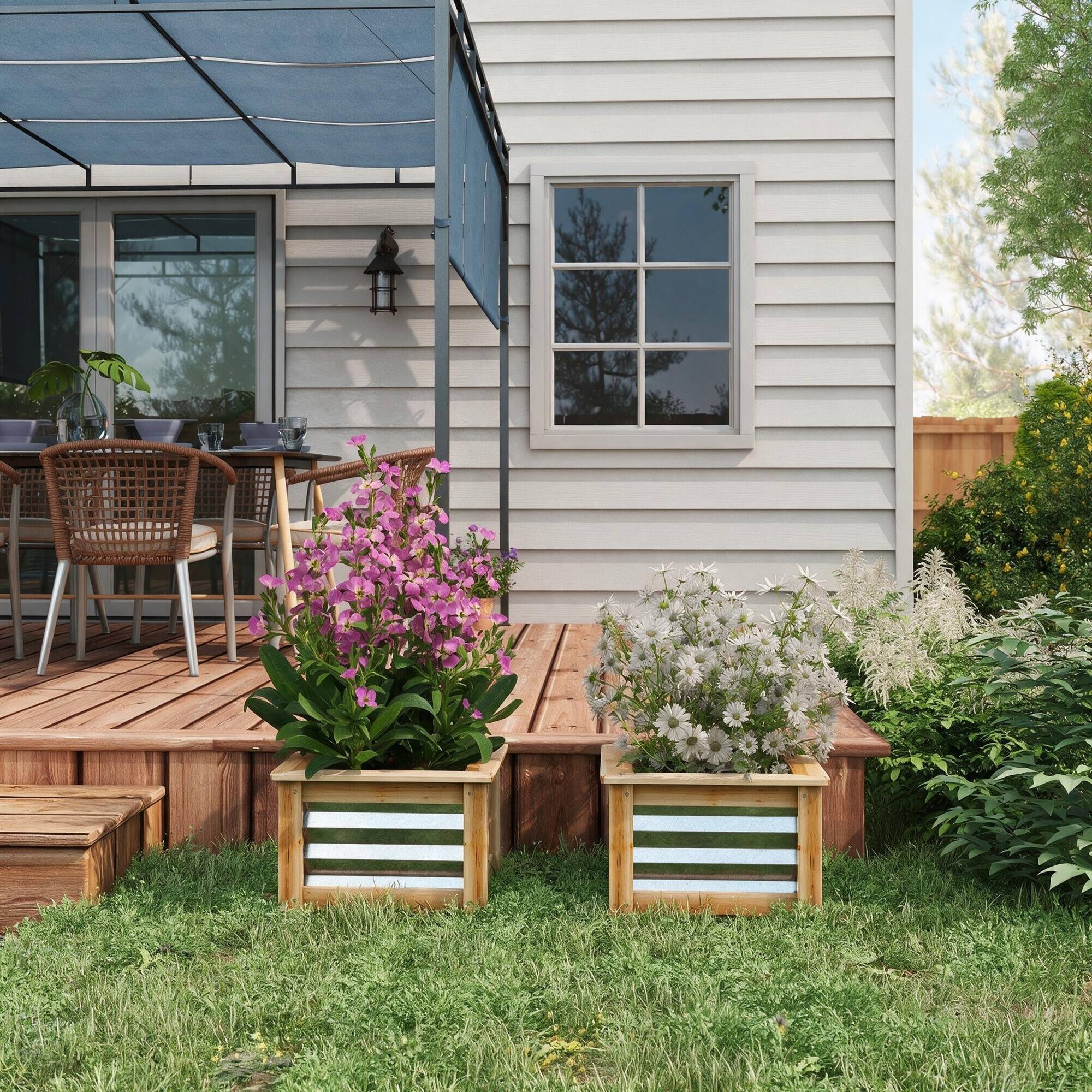 Alt View 1. RYHNUYNE - Raised Garden Bed Set of 2, Galvanized Metal Planter Box with Wood Frame, Outdoor Stock Tanks for Flowers, Herbs - Multicolor.