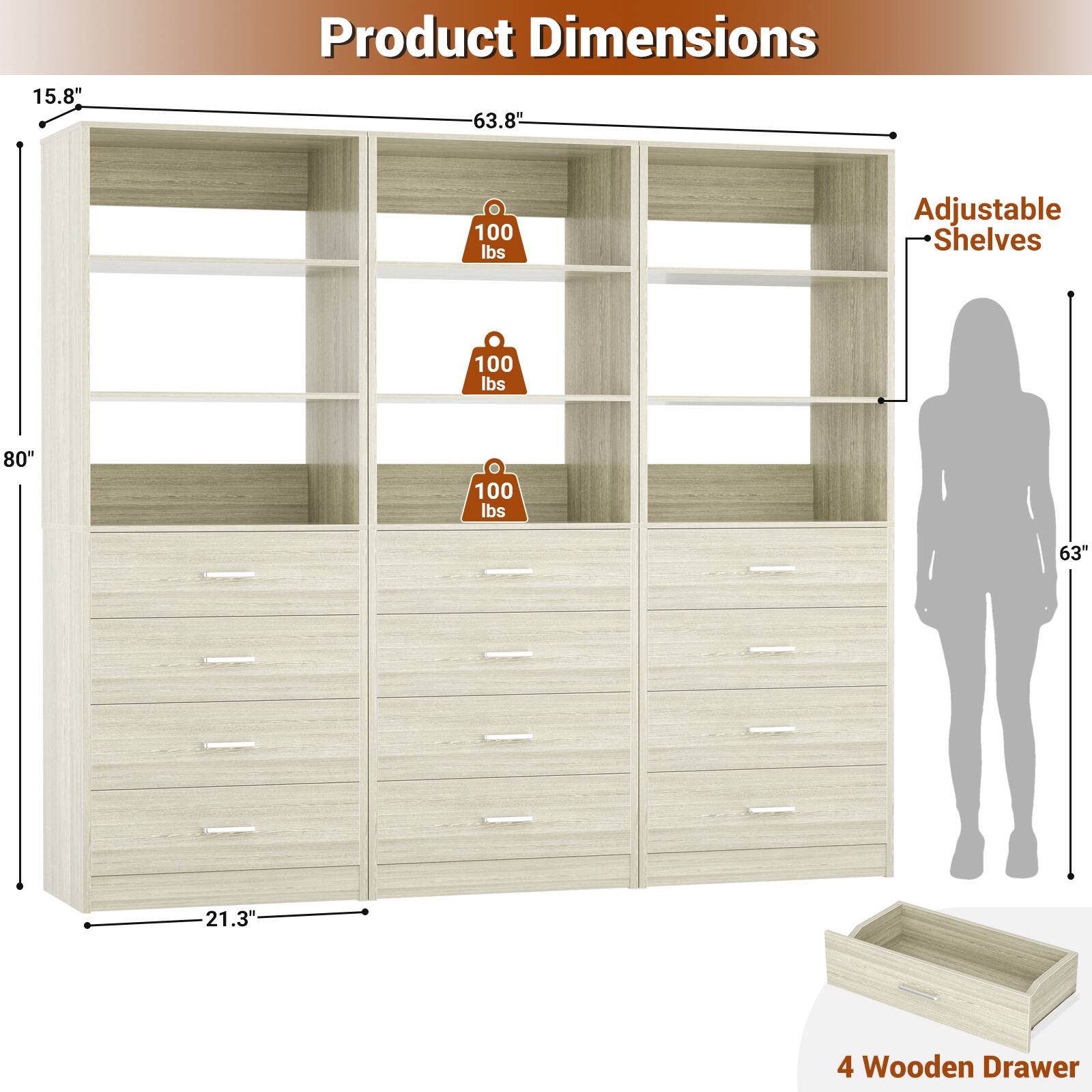 15.8" Product Dimensions 63.8" 100 lbs Adjustable Shelves 100 lbs 80" 100 lbs 63" 21.3" 4 Wooden Drawer