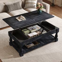 TinyHomie - Farmhouse Lift Top Coffee Table Fixed Shelf 3 Storage Trays Weathered Black Two Tier - Brown