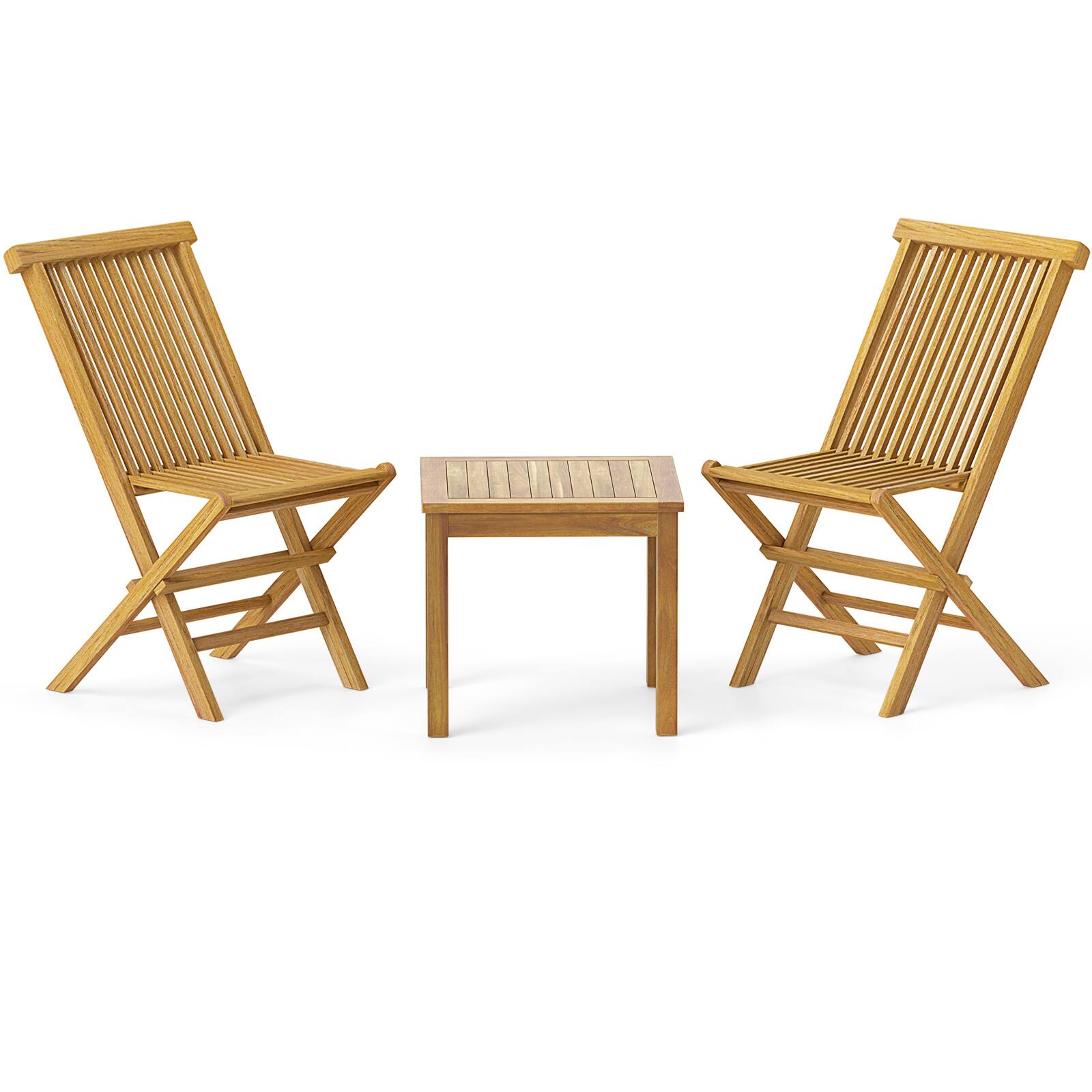 Alt View 1. Gymax - Gymax 3 Piece Teak Wood Bistro Set w/ 2 Folding Chairs & Square Side Table Natural - Yellow.
