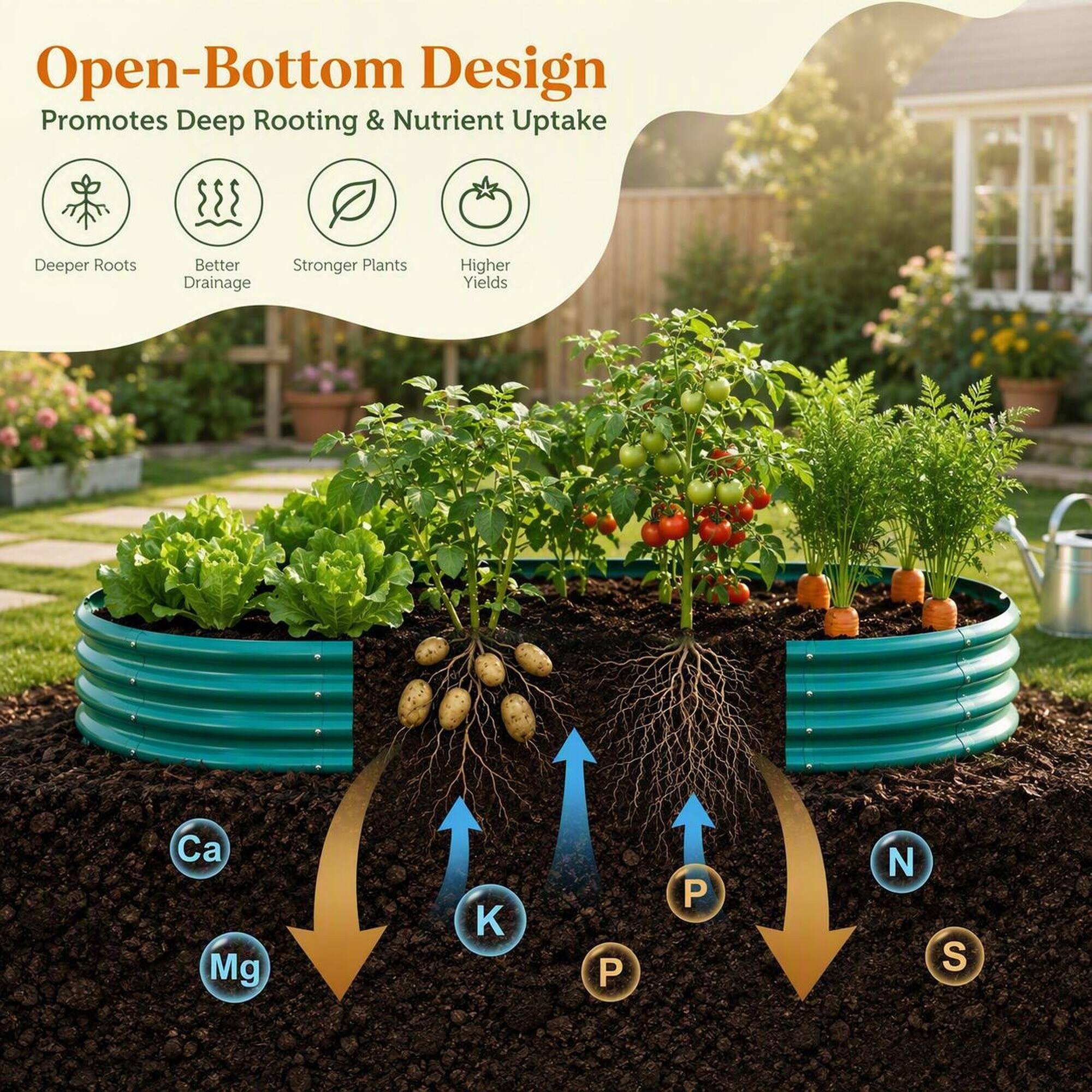 Open-Bottom Design Promotes Deep Rooting & Nutrient Uptake

Deeper Roots
Better Drainage
Stronger Plants
Higher Yields

Ca Mg K P N S
