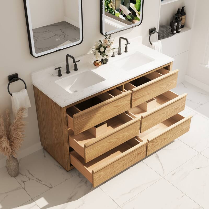 Left. WELLFOR - 60 in Soild Wood Bathroom Vanity with Double Undermount Sink ,6 Soft-Close Drawers - Oak.