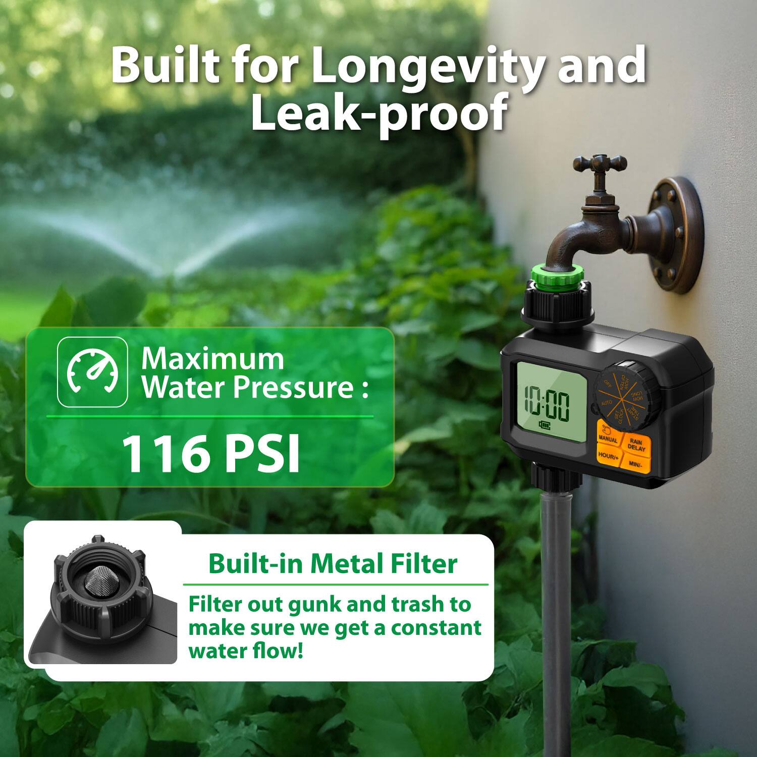 Built for Longevity and Leak-proof

Maximum Water Pressure: 116 PSI

Built-in Metal Filter
Filter out gunk and trash to make sure we get a constant water flow!