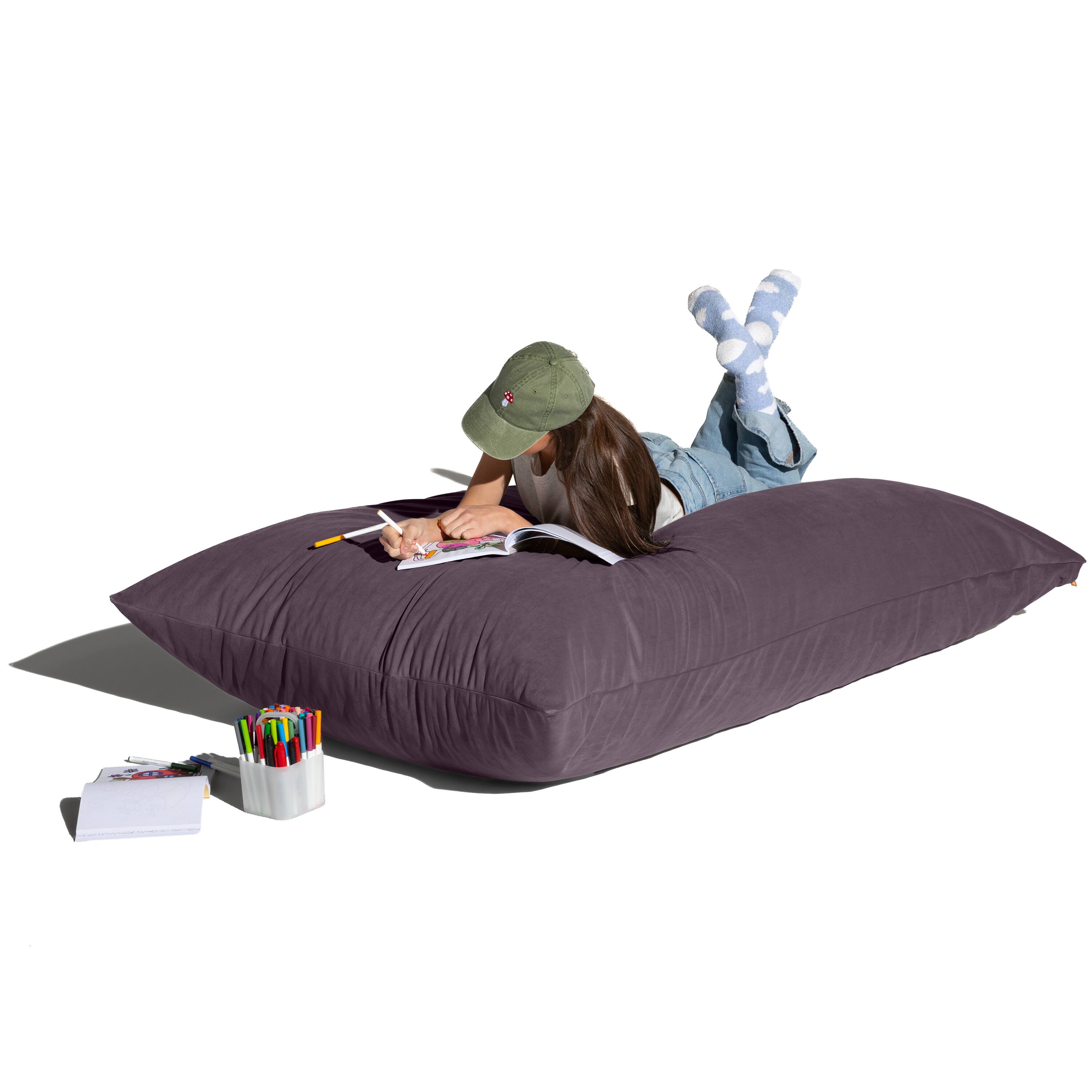 Angle. Jaxx - Pillow Saxx Dream Lounger with Wood Frame - 3-in-1 Bean Bag Accent Chair, Recliner & Sleeper, Lush Velvet Purple - Lush Velvet Purple.