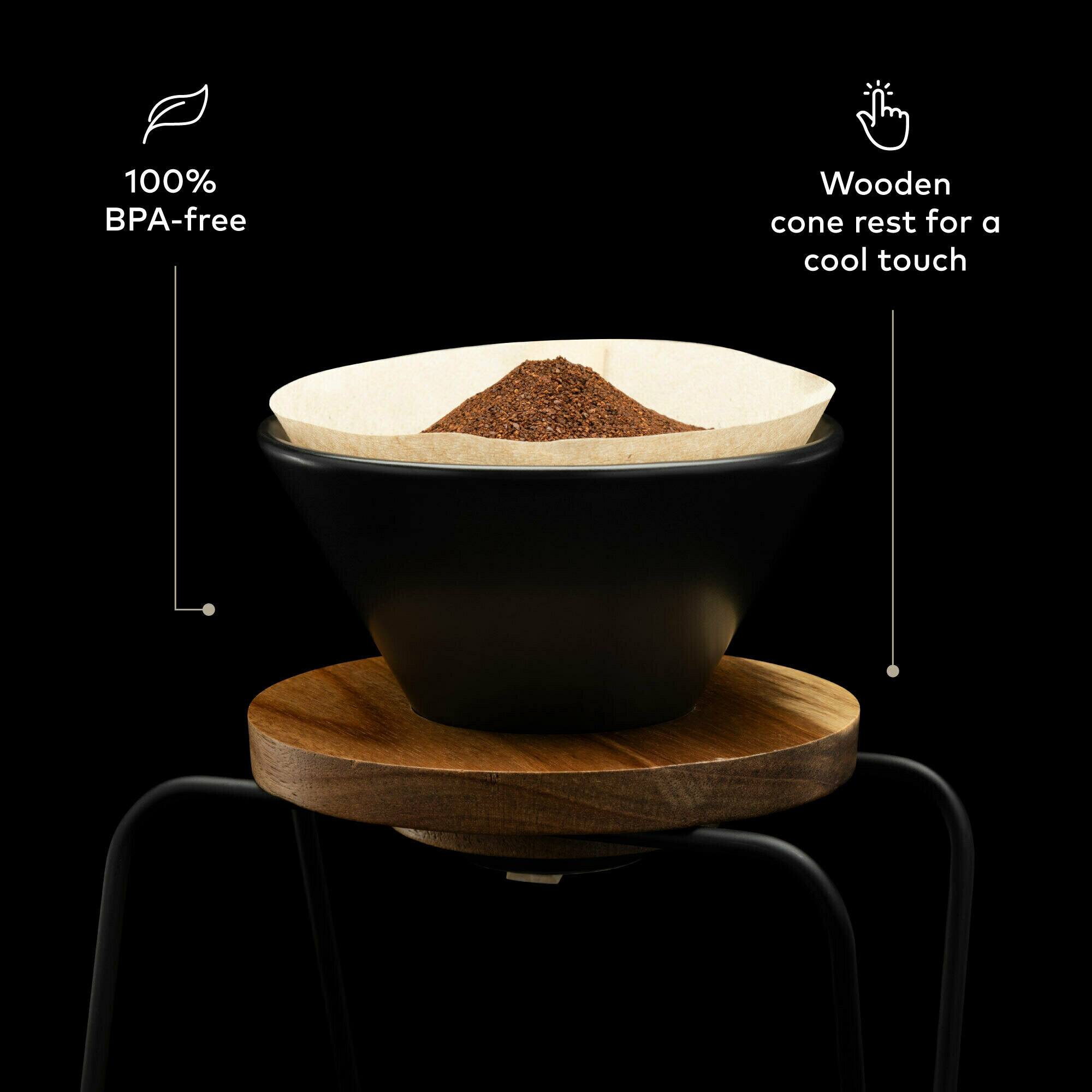 100% BPA-free  
Wooden cone rest for a cool touch