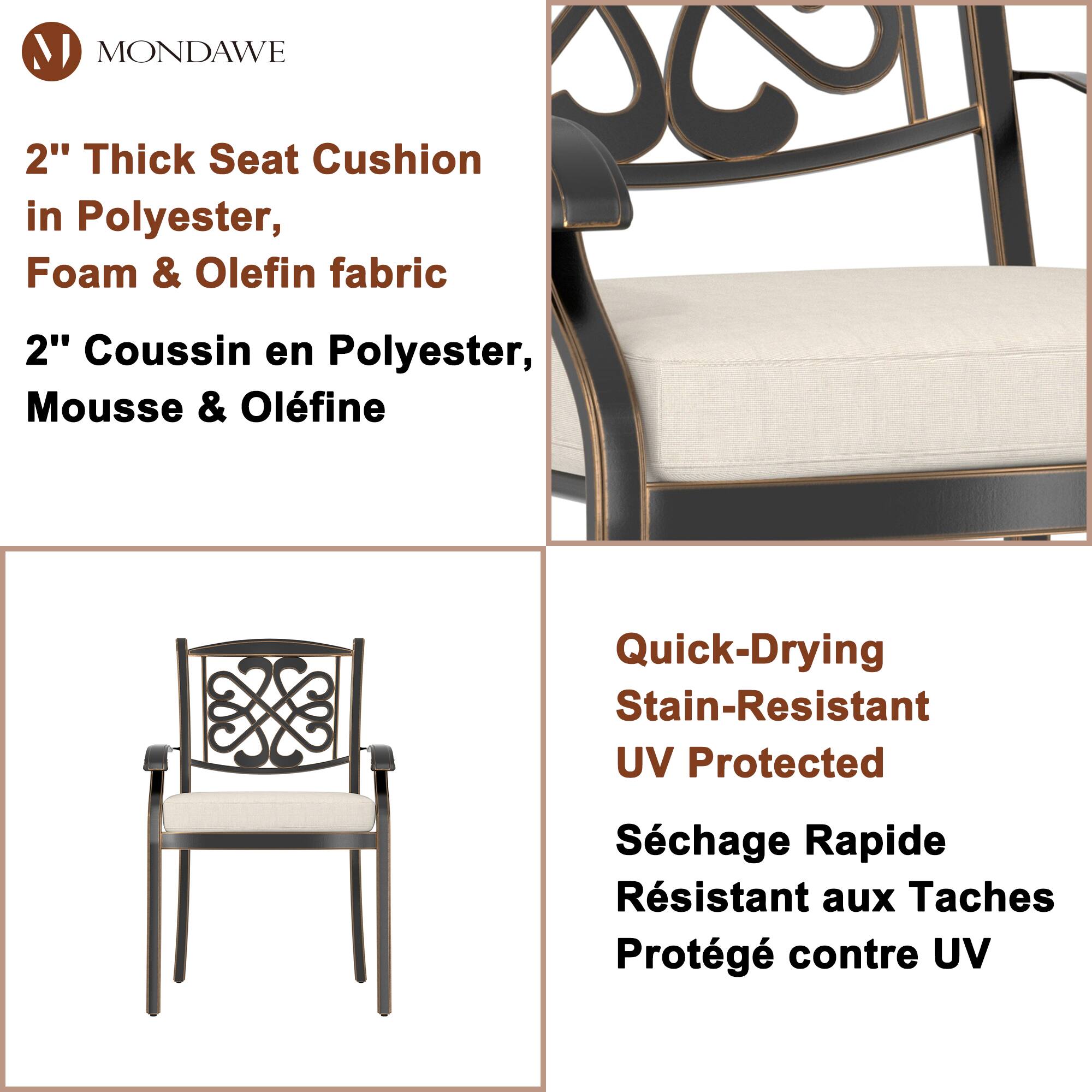 **MONDAWE**

**2" Thick Seat Cushion in Polyester, Foam & Olefin fabric**

**2" Coussin en Polyester, Mousse & Olefine**

**Quick-Drying Stain-Resistant UV Protected**

**Séchage Rapide Résistant aux Taches Protégé contre UV**