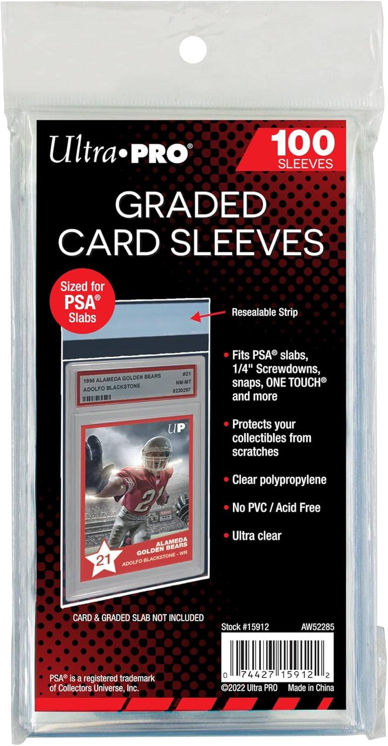 Ultra PRO 3 100 SLEEVES GRADED CARD SLEEVES  
Sized for PSA Slabs  
Resealable Strip  
GOLDEN BEARS 1995 ALAMEDA ADOLFO BLACKSTONE #21 NM-MT 8230297  
Fits PSA slabs, 1/4" Screwdowns, snaps, ONE TOUCH and more  
Protects your collectibles from scratches  
Clear polypropylene  
No PVC / Acid Free  
Ultra clear  
CARD & GRADED SLAB NOT INCLUDED  
Stock #15912  
AW52285  
PSA® is a registered trademark of Collectors Universe, Inc.  
© 2022 Ultra PRO Made in China