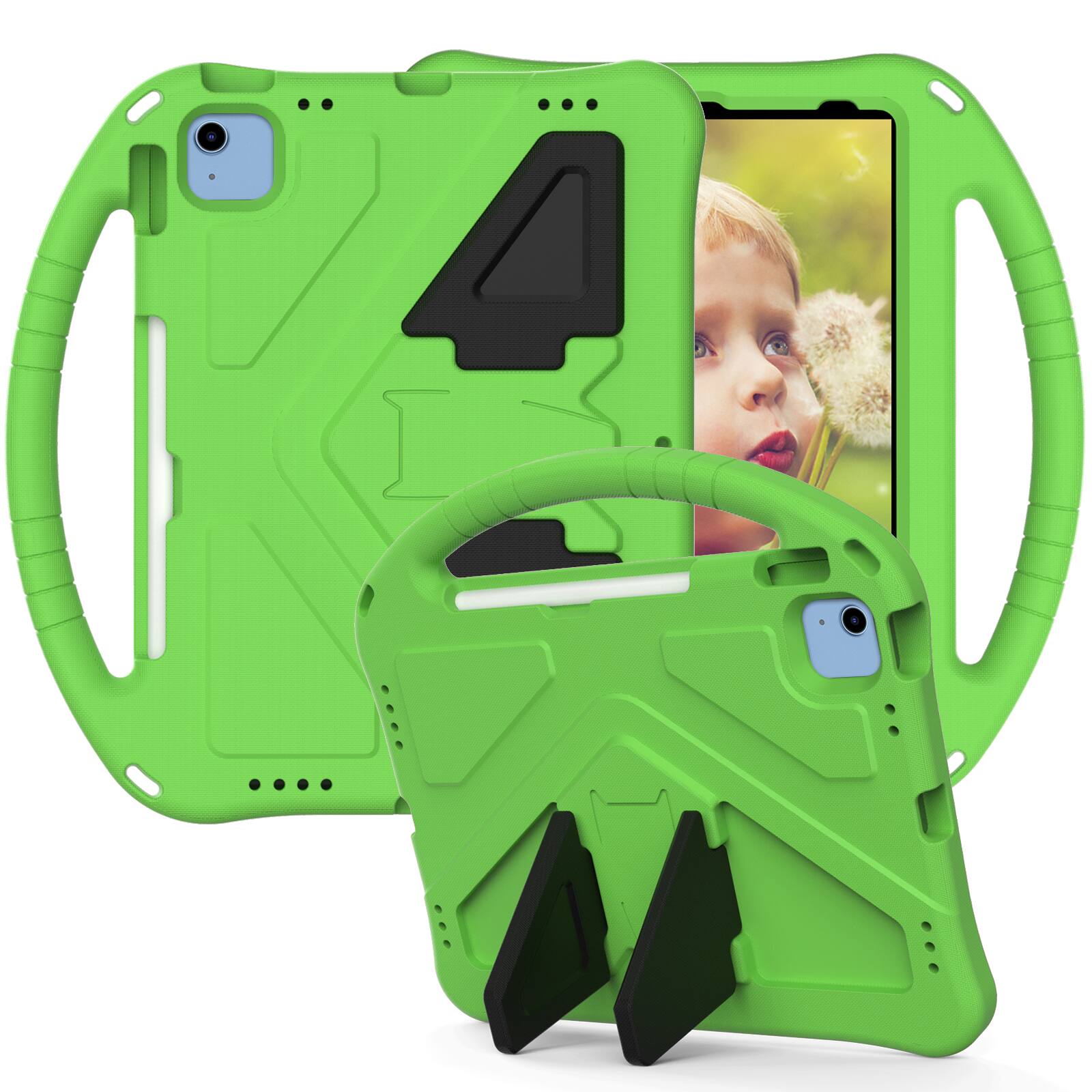 The image shows a green phone case with a handle and cutouts for the camera and buttons.