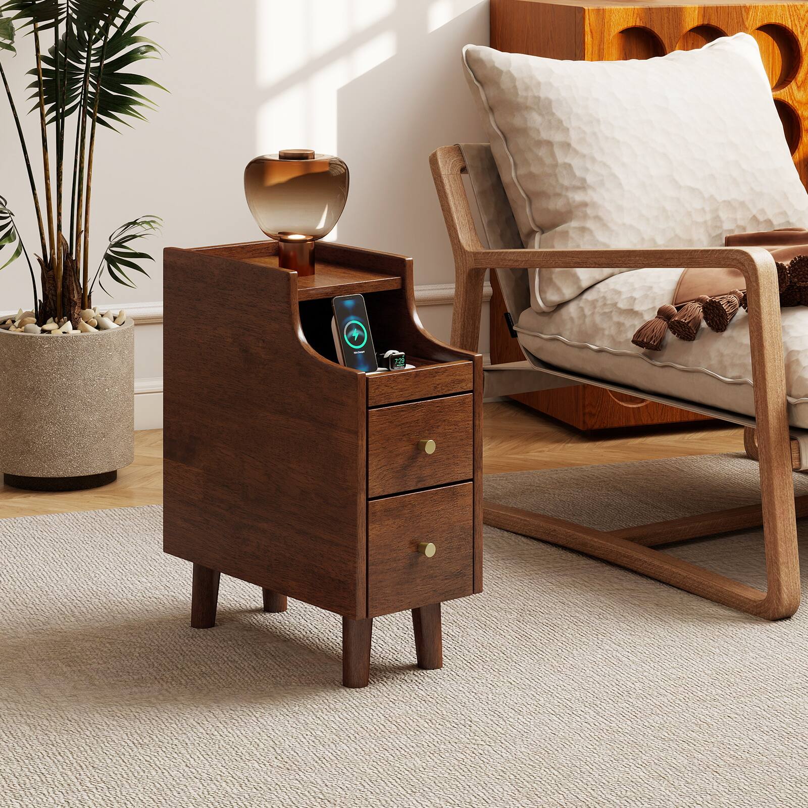 Alt View 5. Gymax - Gymax 2PCS Solid Wood End Table w/Pull-out Tray & 2 Storage Drawers Cable Management - Brown.